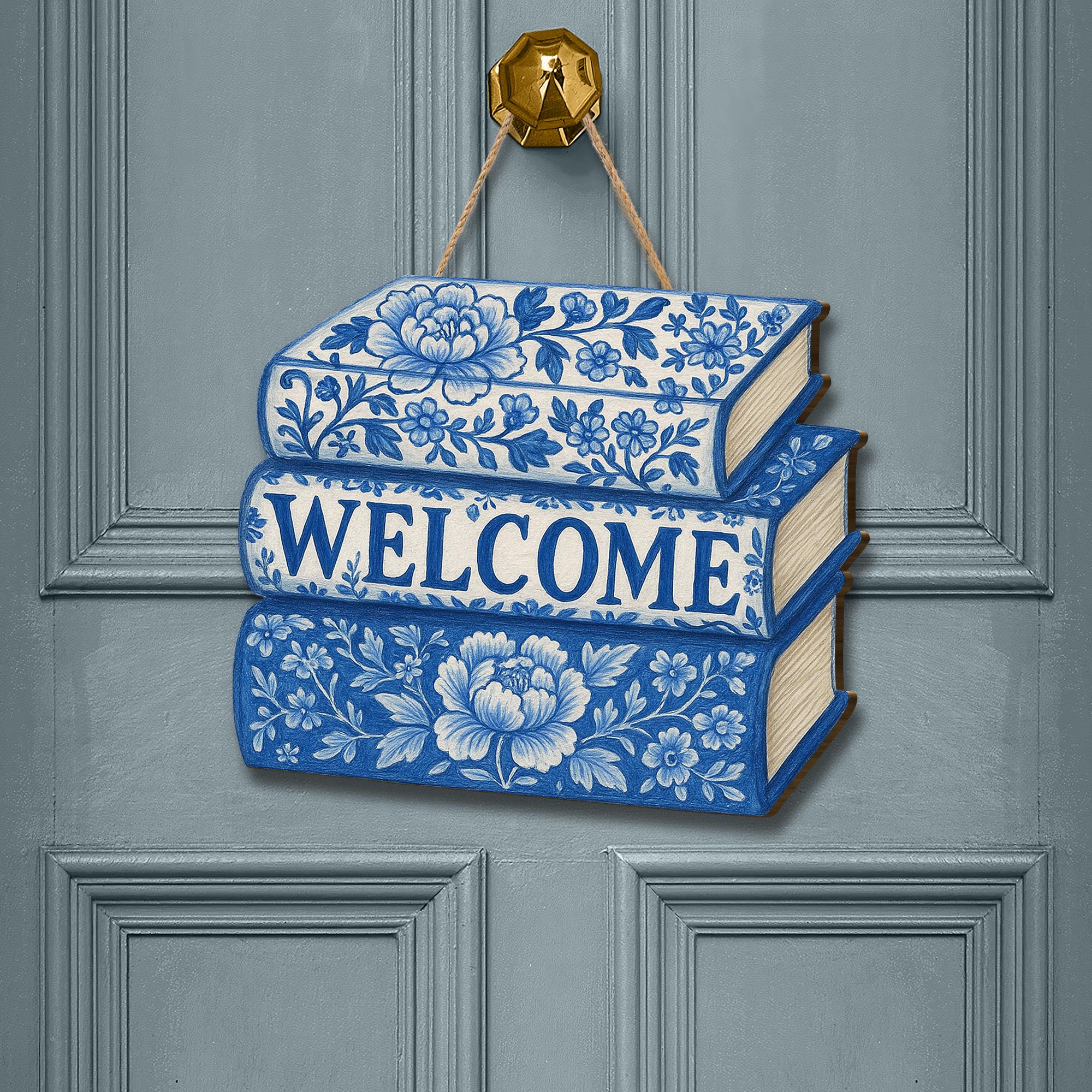 Chinoiserie Welcome Sign, Blue Floral Book Stack Door Hanger, Elegant Wooden Entry Decor, Book Lover Gift, Cottagecore Wall Art