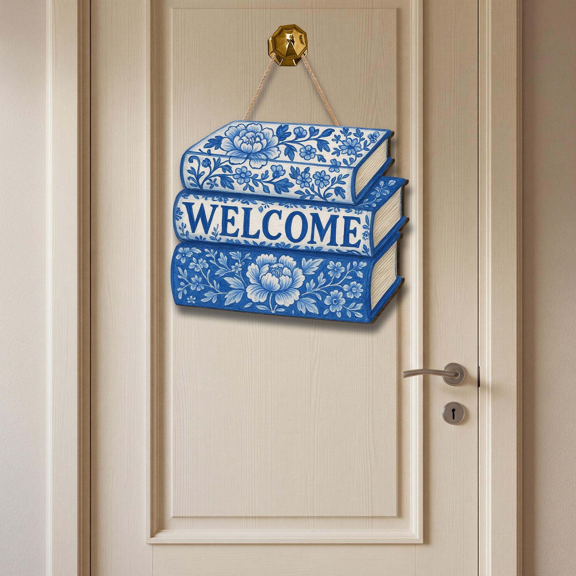 Chinoiserie Welcome Sign, Blue Floral Book Stack Door Hanger, Elegant Wooden Entry Decor, Book Lover Gift, Cottagecore Wall Art