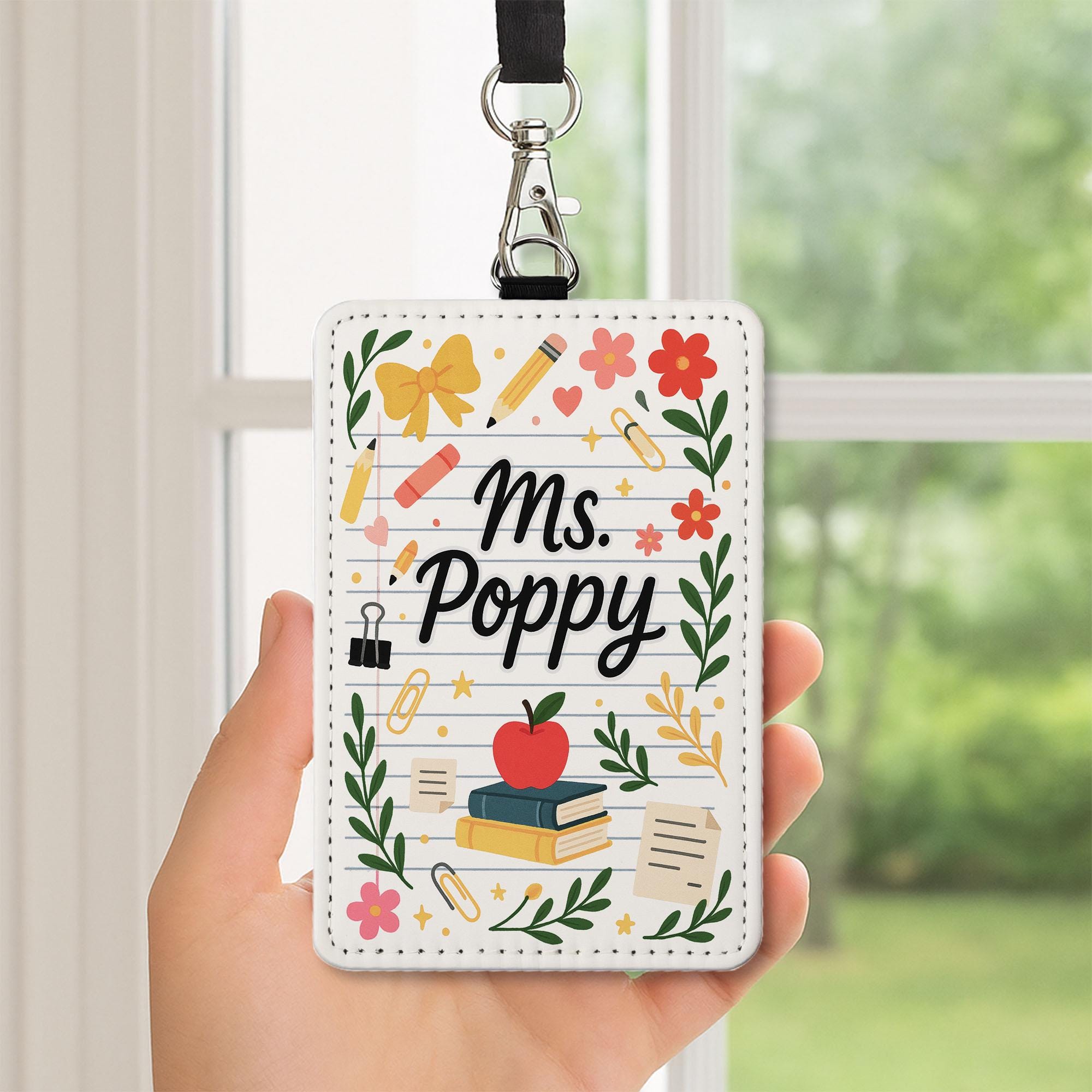 Personalized Teacher Badge Holder, Teacher ID Tag, Cute Floral School Lanyard Card, Custom Teacher Gift for Classroom Use, ID Tag teacher