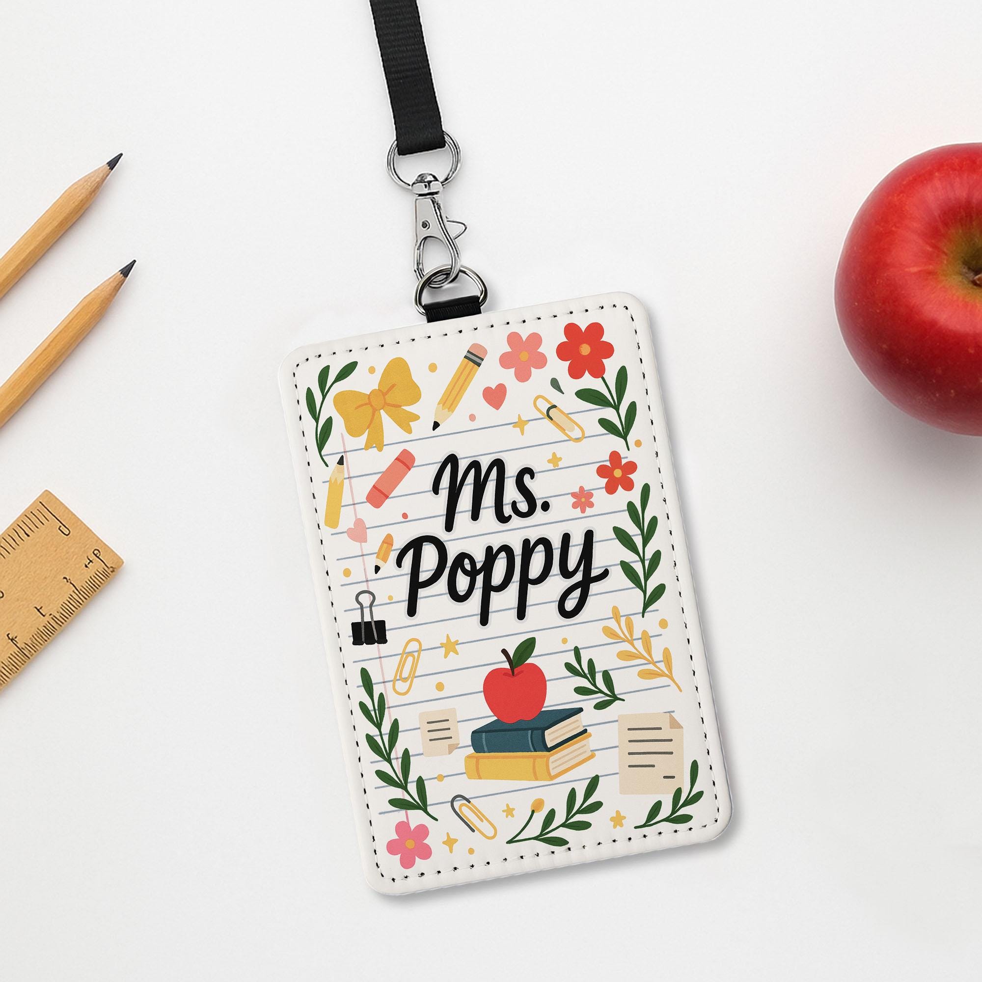 Personalized Teacher Badge Holder, Teacher ID Tag, Cute Floral School Lanyard Card, Custom Teacher Gift for Classroom Use, ID Tag teacher