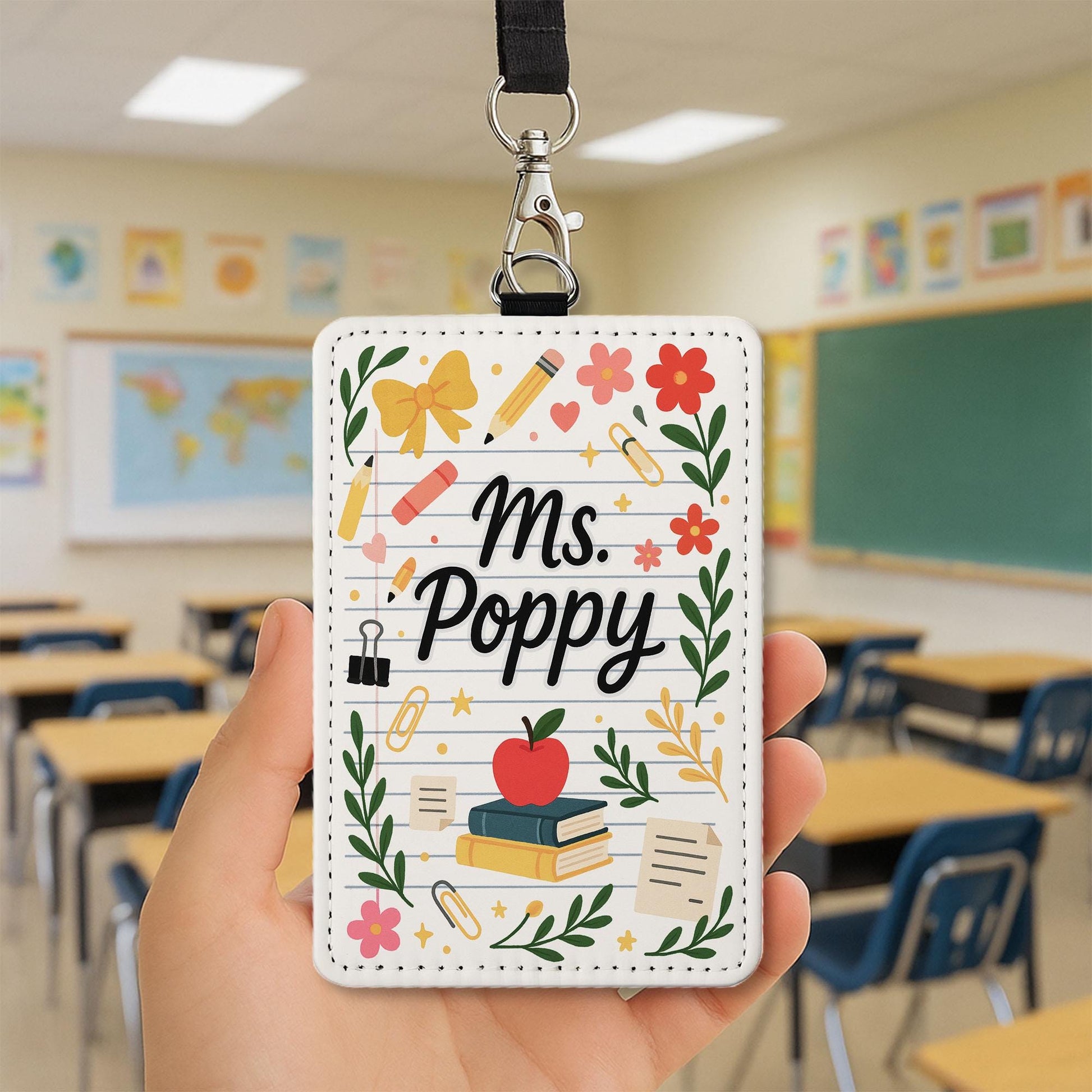 Personalized Teacher Badge Holder, Teacher ID Tag, Cute Floral School Lanyard Card, Custom Teacher Gift for Classroom Use, ID Tag teacher