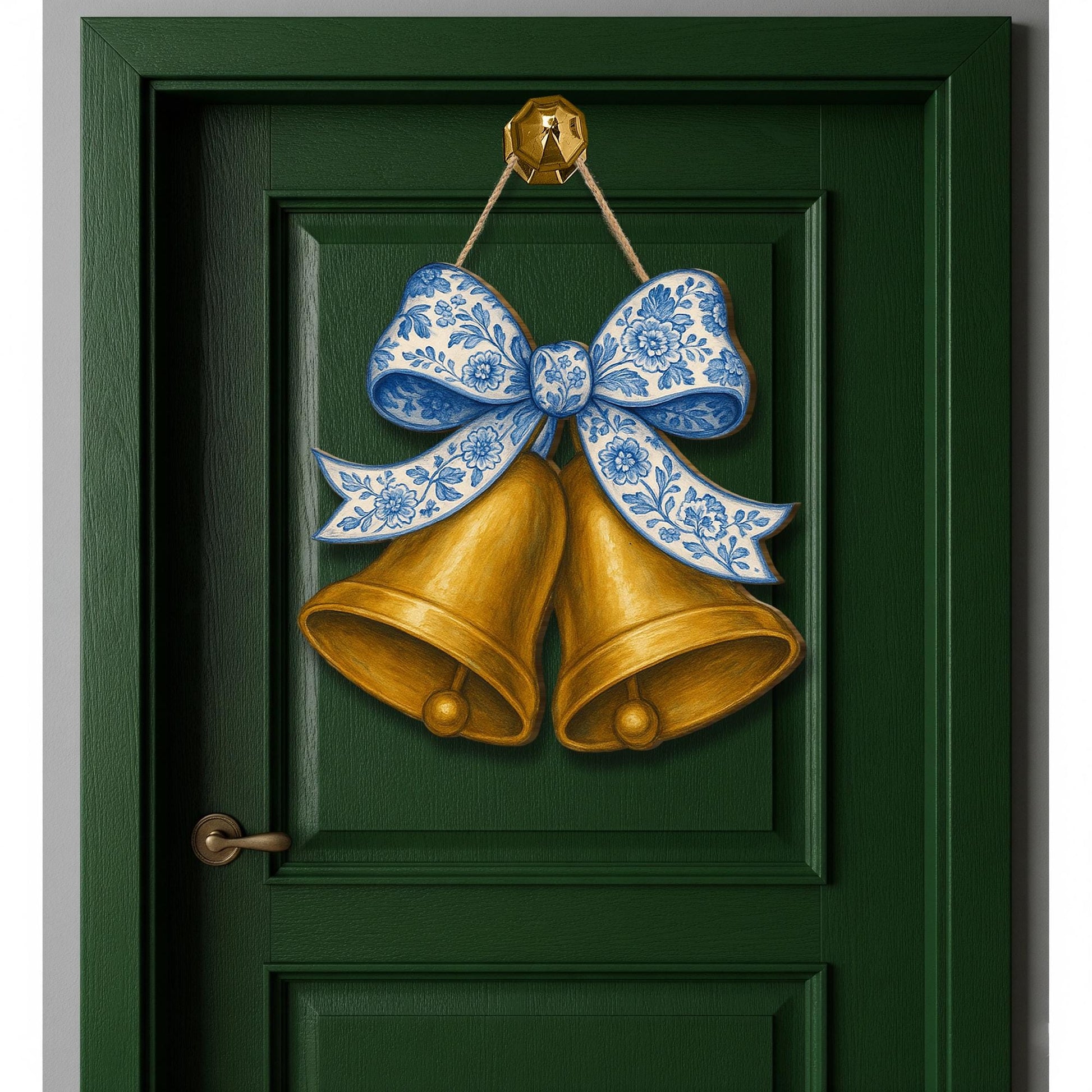 Chinoiserie Bell Door Hanger, Blue Floral Bow Wood Sign, Elegant Holiday Decor, Wedding Door Sign, Vintage Cottagecore Accent