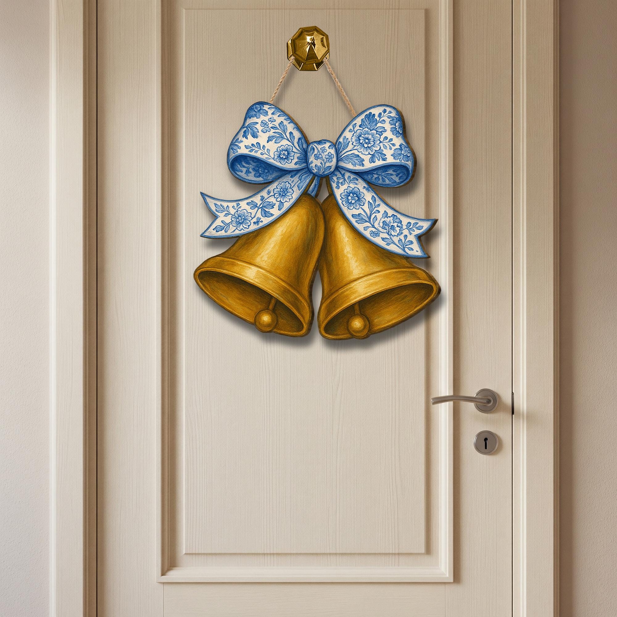Chinoiserie Bell Door Hanger, Blue Floral Bow Wood Sign, Elegant Holiday Decor, Wedding Door Sign, Vintage Cottagecore Accent