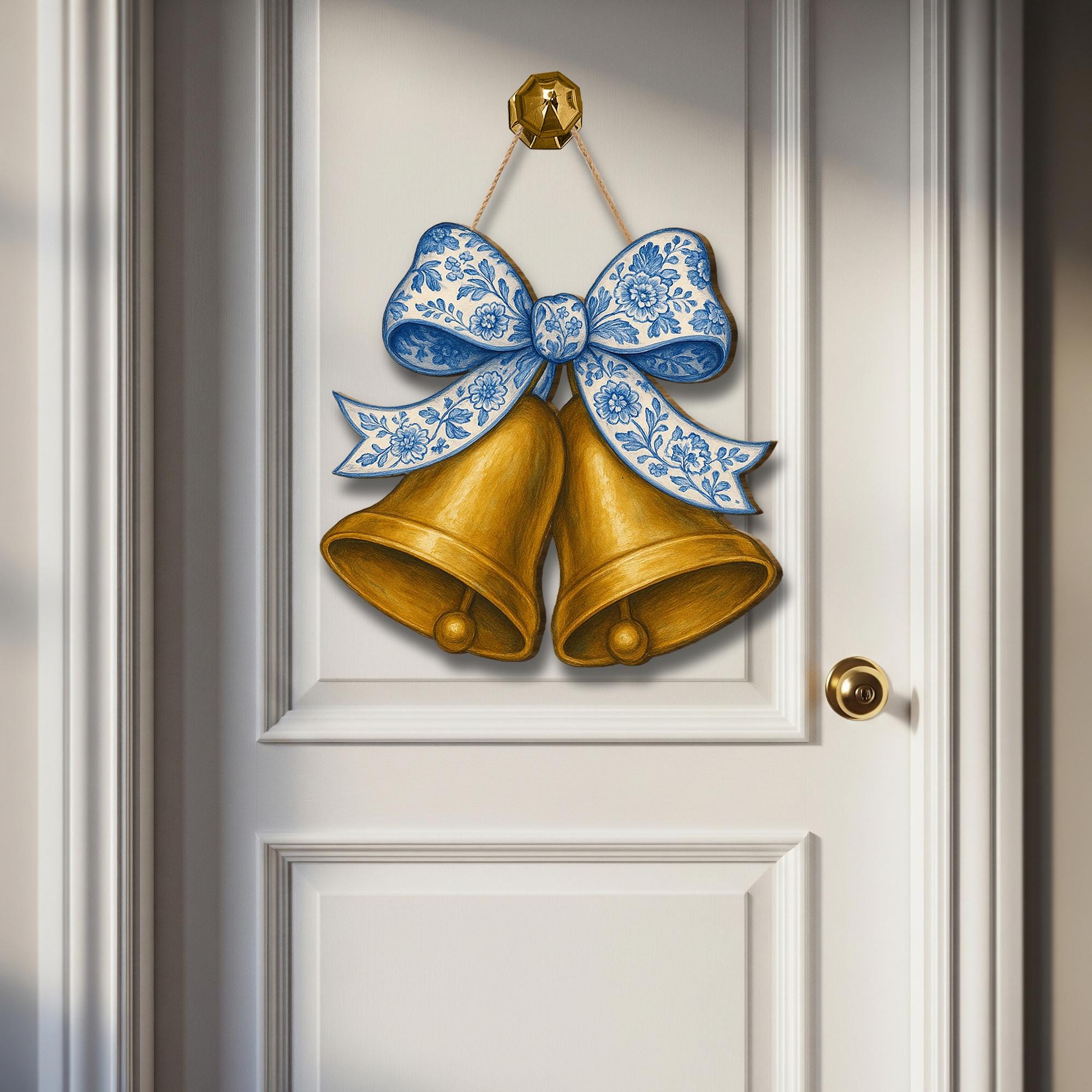 Chinoiserie Bell Door Hanger, Blue Floral Bow Wood Sign, Elegant Holiday Decor, Wedding Door Sign, Vintage Cottagecore Accent