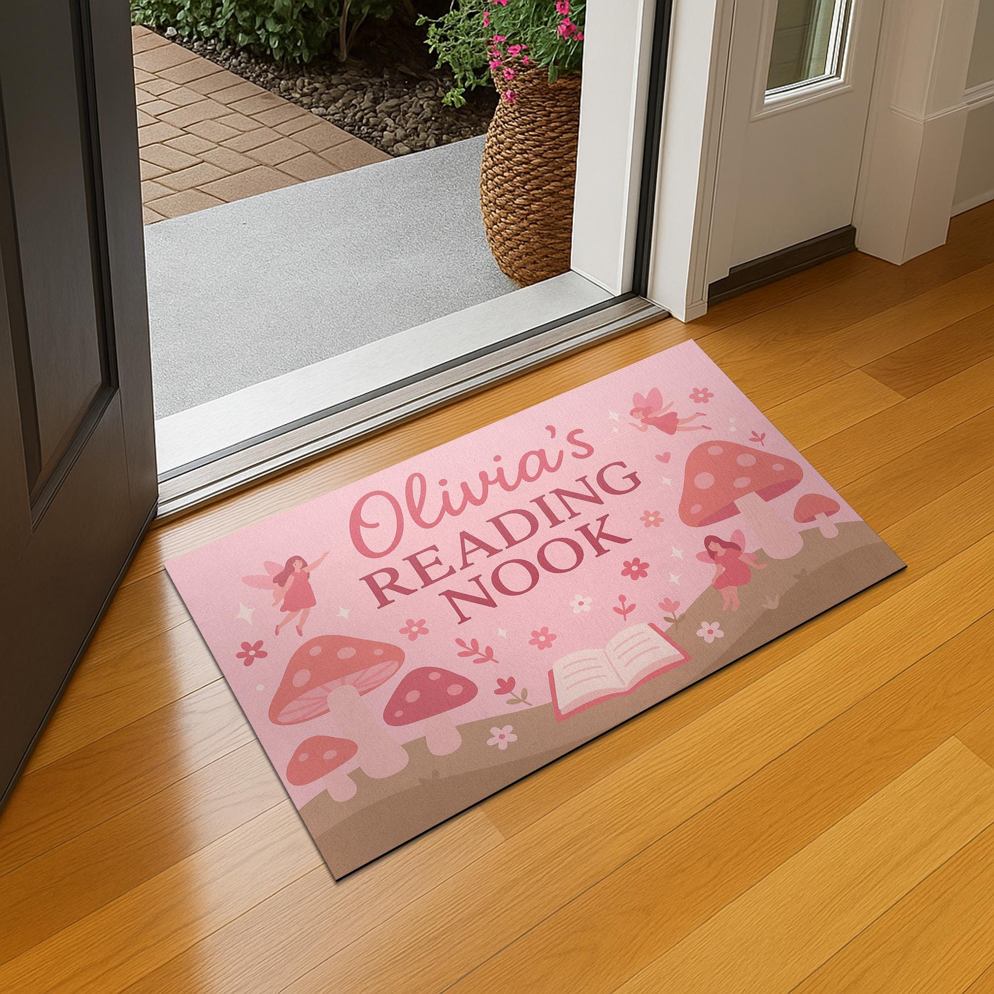 Personalized Reading Nook Doormat, Fairy Mushroom Rug for Kids, Custom Book Lover Gift, Girl’s Bedroom or Library Mat