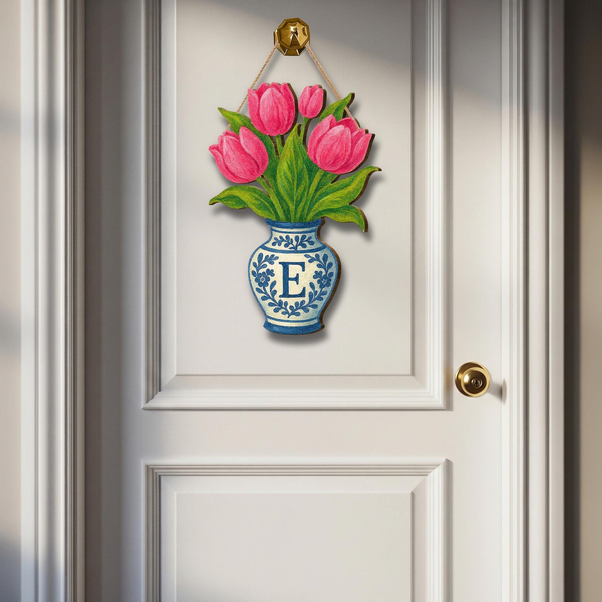 Pink Tulip Chinoiserie Vase Monogram Door Hanger | Blue and White Floral Front Door Decor | Personalized Spring Summer Door Sign