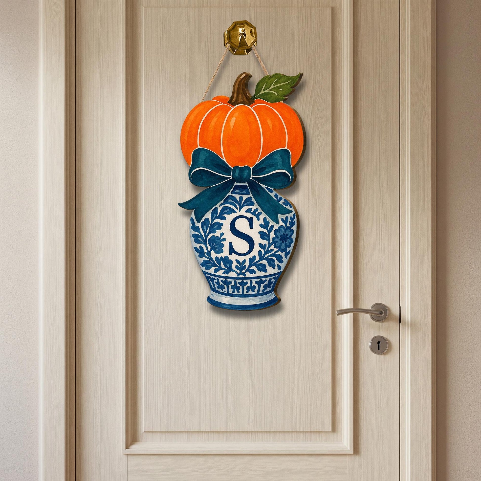 Pumpkin Chinoiserie Door Hanger – Monogram Fall Front Door Sign with Blue Vase, Bow, Personalized Autumn Porch Decor, Southern Style