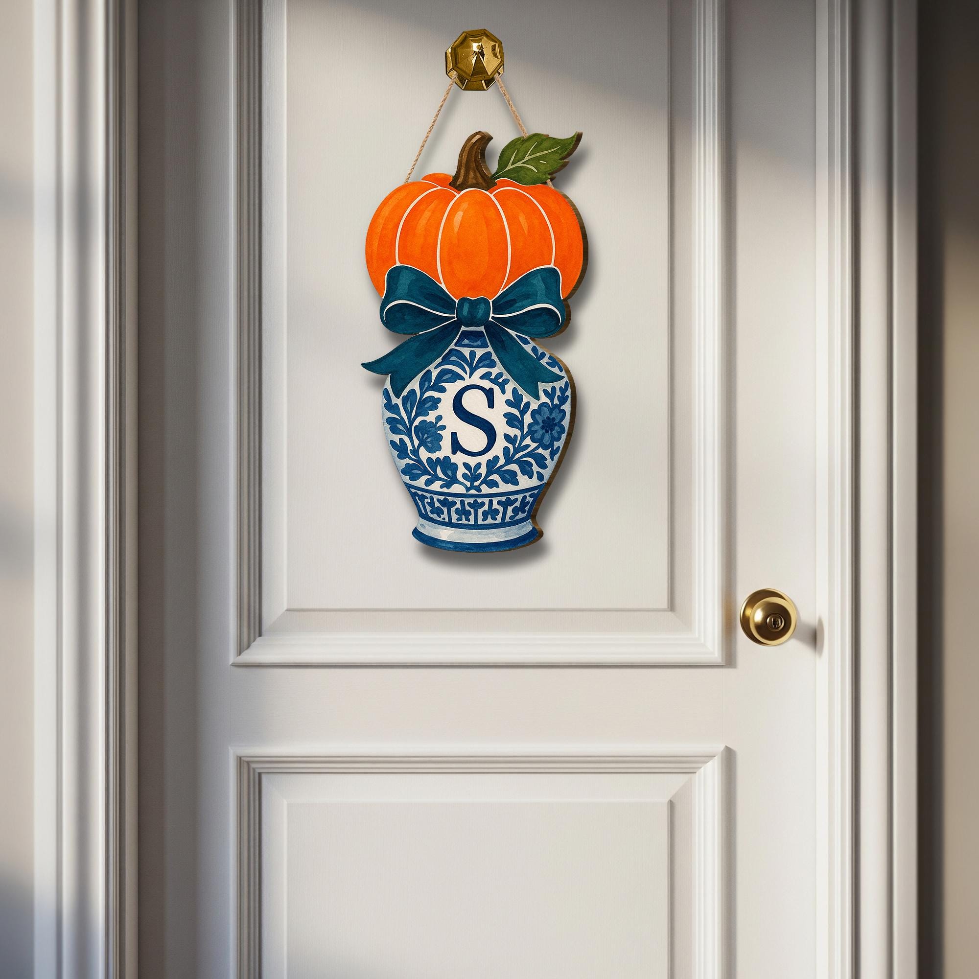 Pumpkin Chinoiserie Door Hanger – Monogram Fall Front Door Sign with Blue Vase, Bow, Personalized Autumn Porch Decor, Southern Style