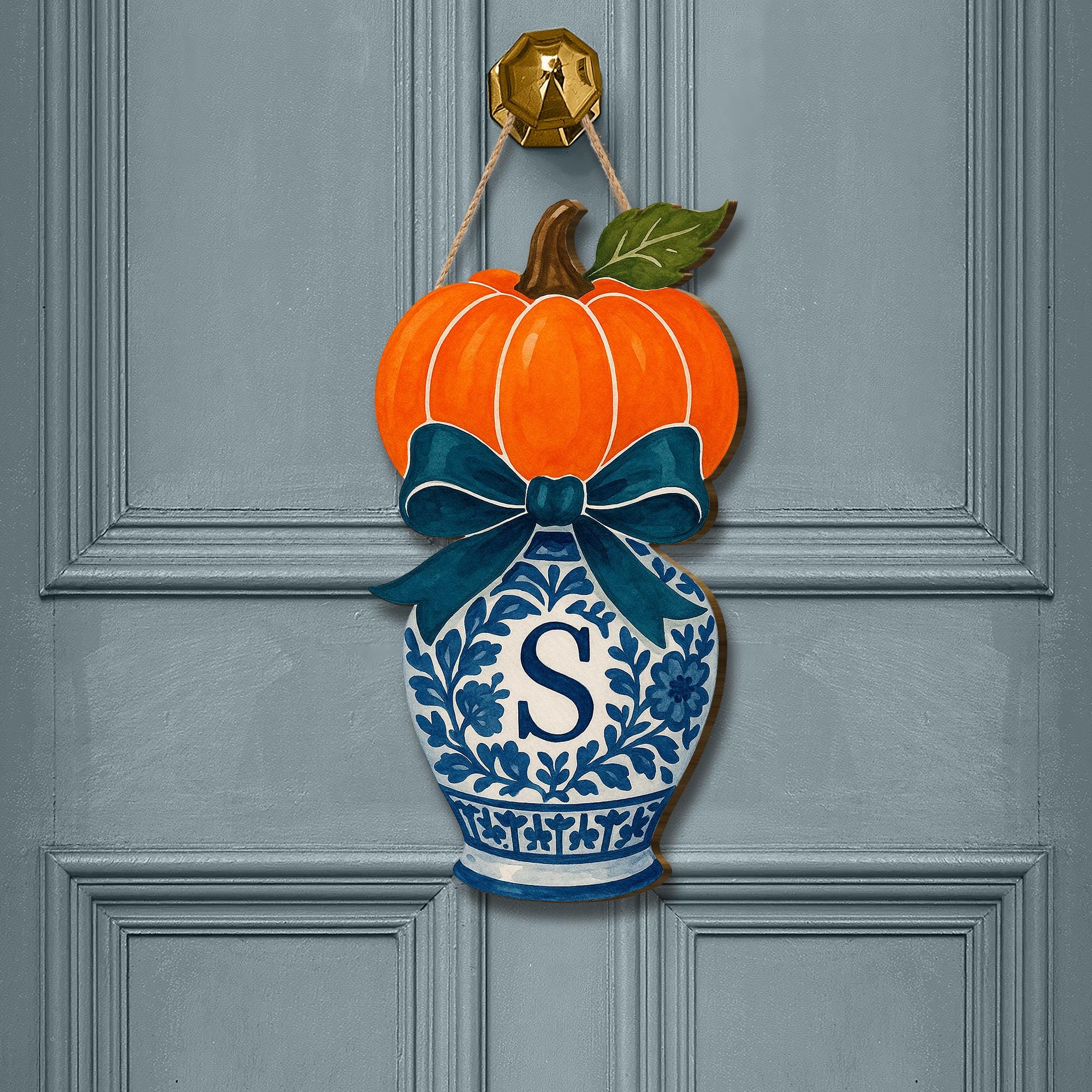 Pumpkin Chinoiserie Door Hanger – Monogram Fall Front Door Sign with Blue Vase, Bow, Personalized Autumn Porch Decor, Southern Style