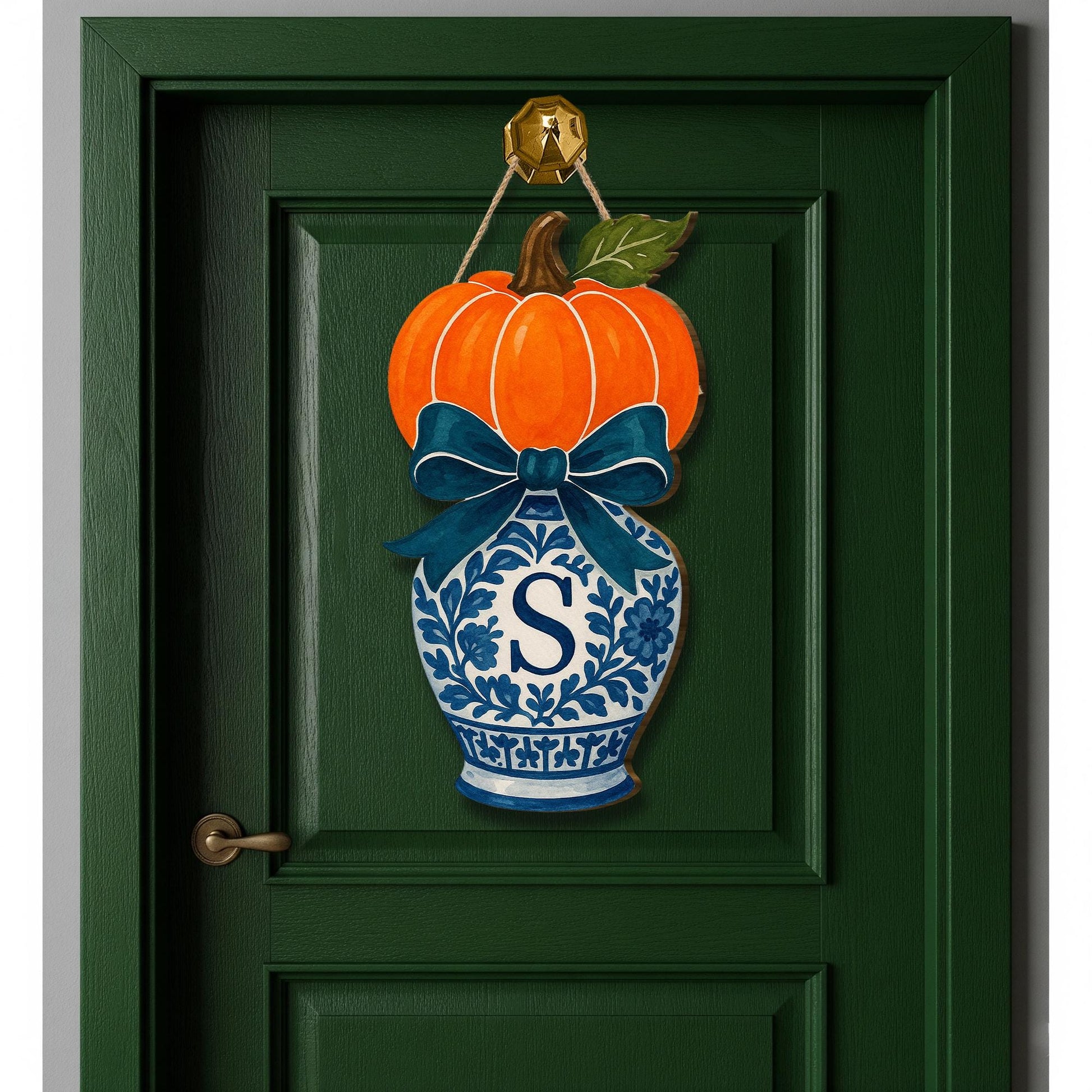 Pumpkin Chinoiserie Door Hanger – Monogram Fall Front Door Sign with Blue Vase, Bow, Personalized Autumn Porch Decor, Southern Style