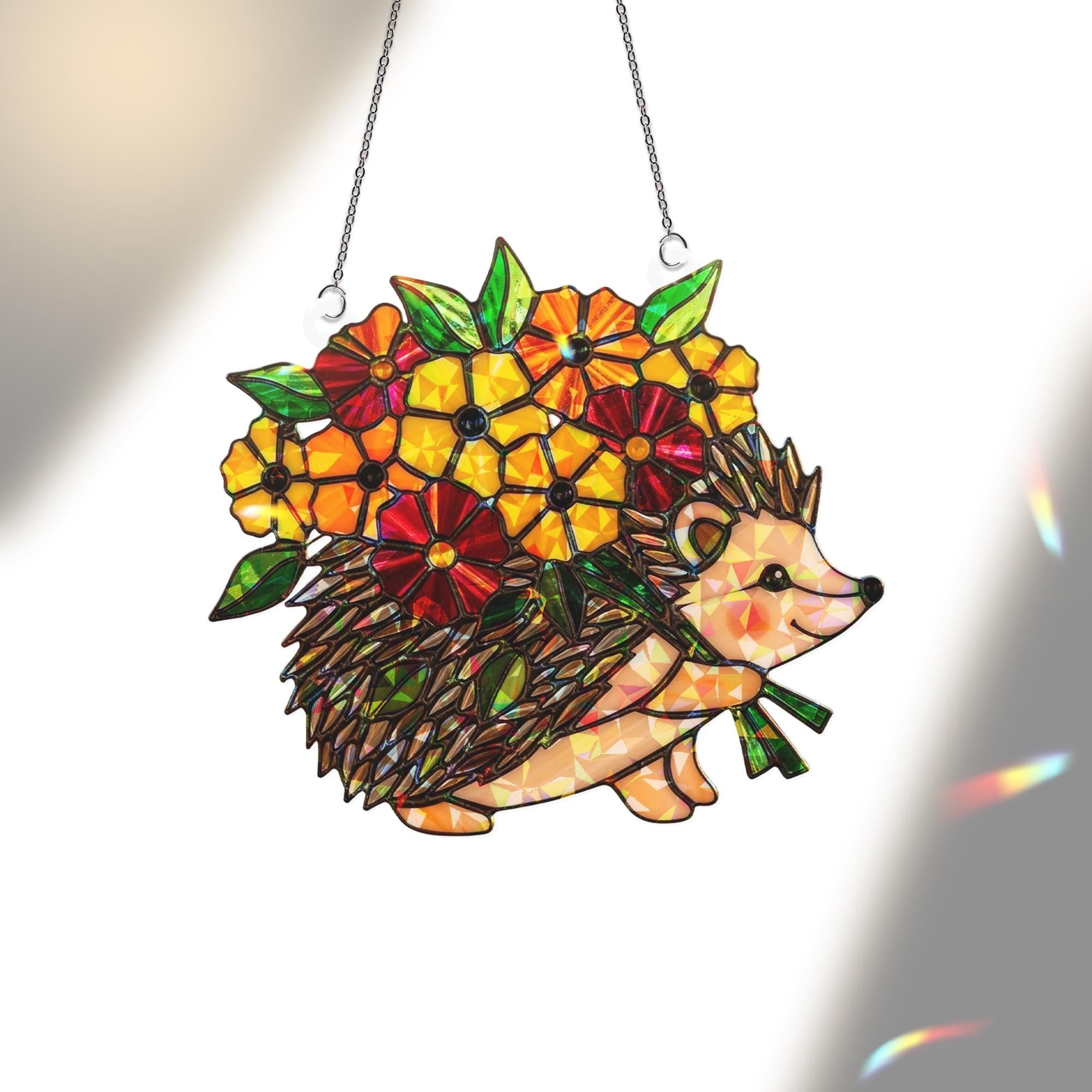 Fall Hedgehog Acrylic Suncatcher, Holographic Floral Window Decor, Autumn Animal Hanging Art, Cute Seasonal Home Accent