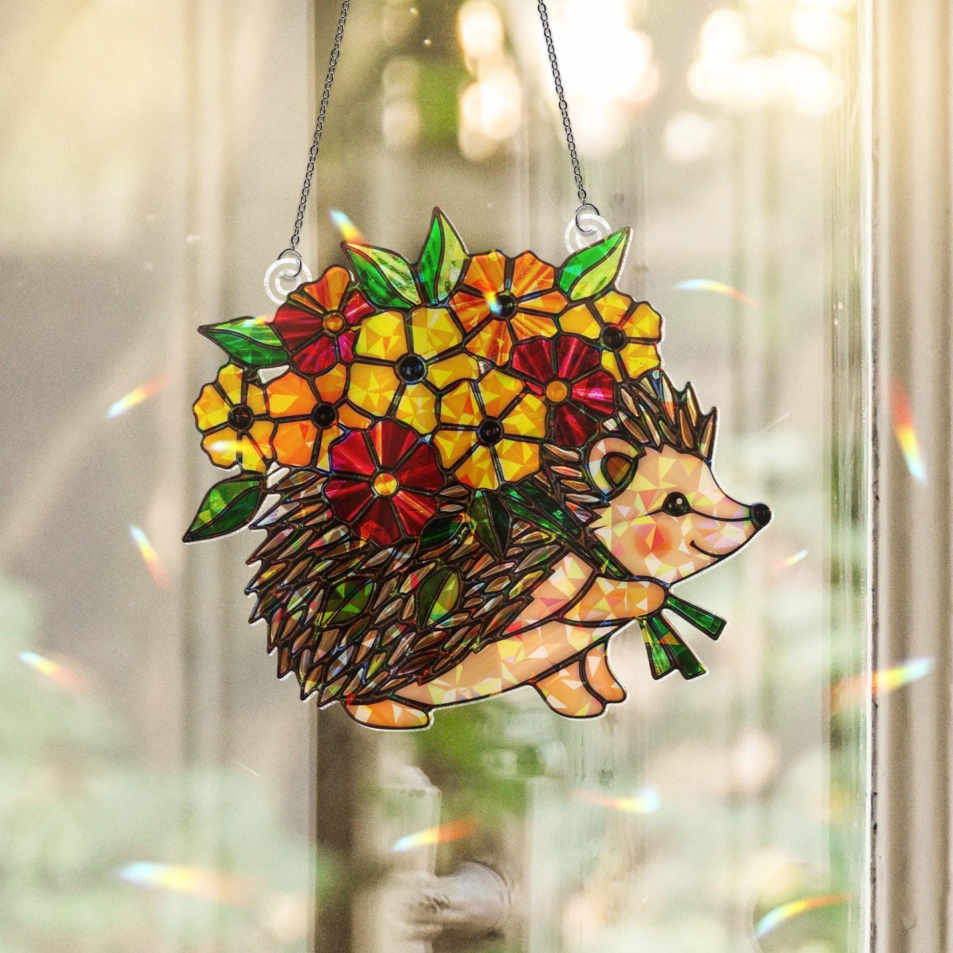 Fall Hedgehog Acrylic Suncatcher, Holographic Floral Window Decor, Autumn Animal Hanging Art, Cute Seasonal Home Accent