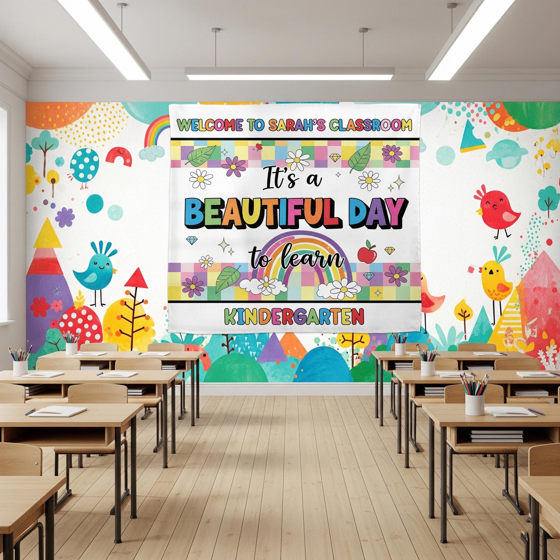 Beautiful Day to Learn Kindergarten Tapestry, Custom Classroom Wall Decor, Rainbow Teacher Sign, Back to School Personalized Tapestry Banner