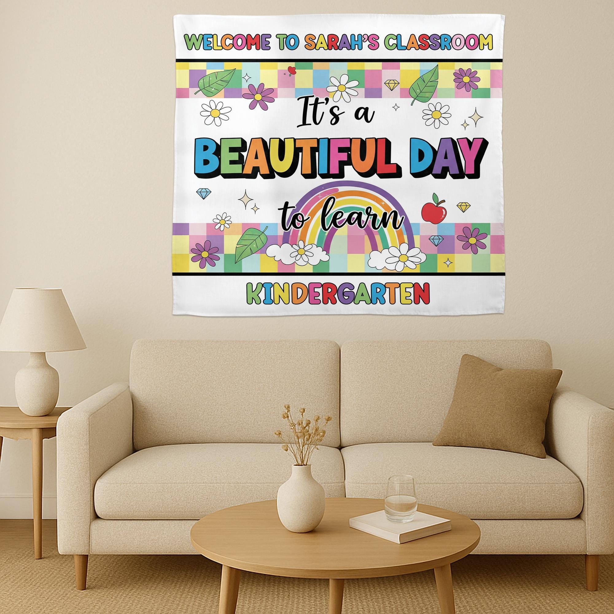 Beautiful Day to Learn Kindergarten Tapestry, Custom Classroom Wall Decor, Rainbow Teacher Sign, Back to School Personalized Tapestry Banner