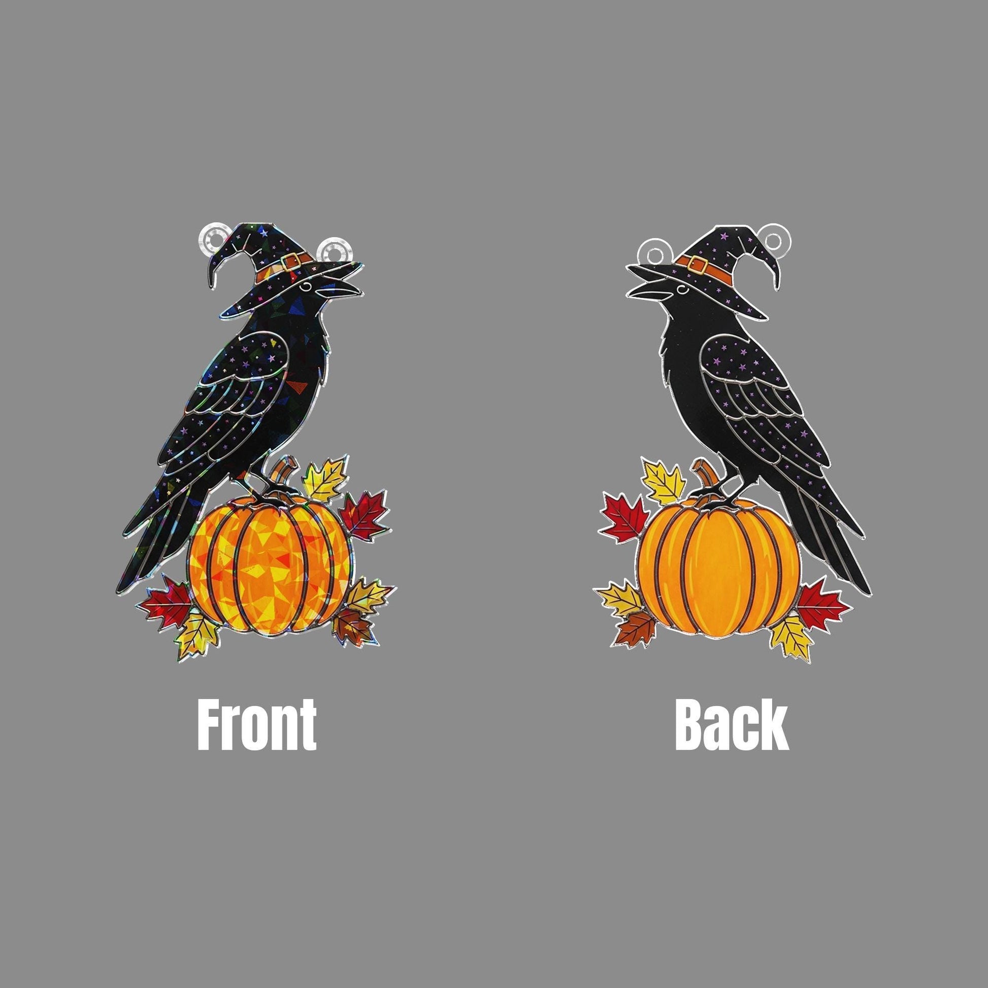 Raven Pumpkin Suncatcher, Fall Acrylic Hologram Decor, Witch Crow Window Hanging, Halloween Autumn Ornament, Gothic Bird Art