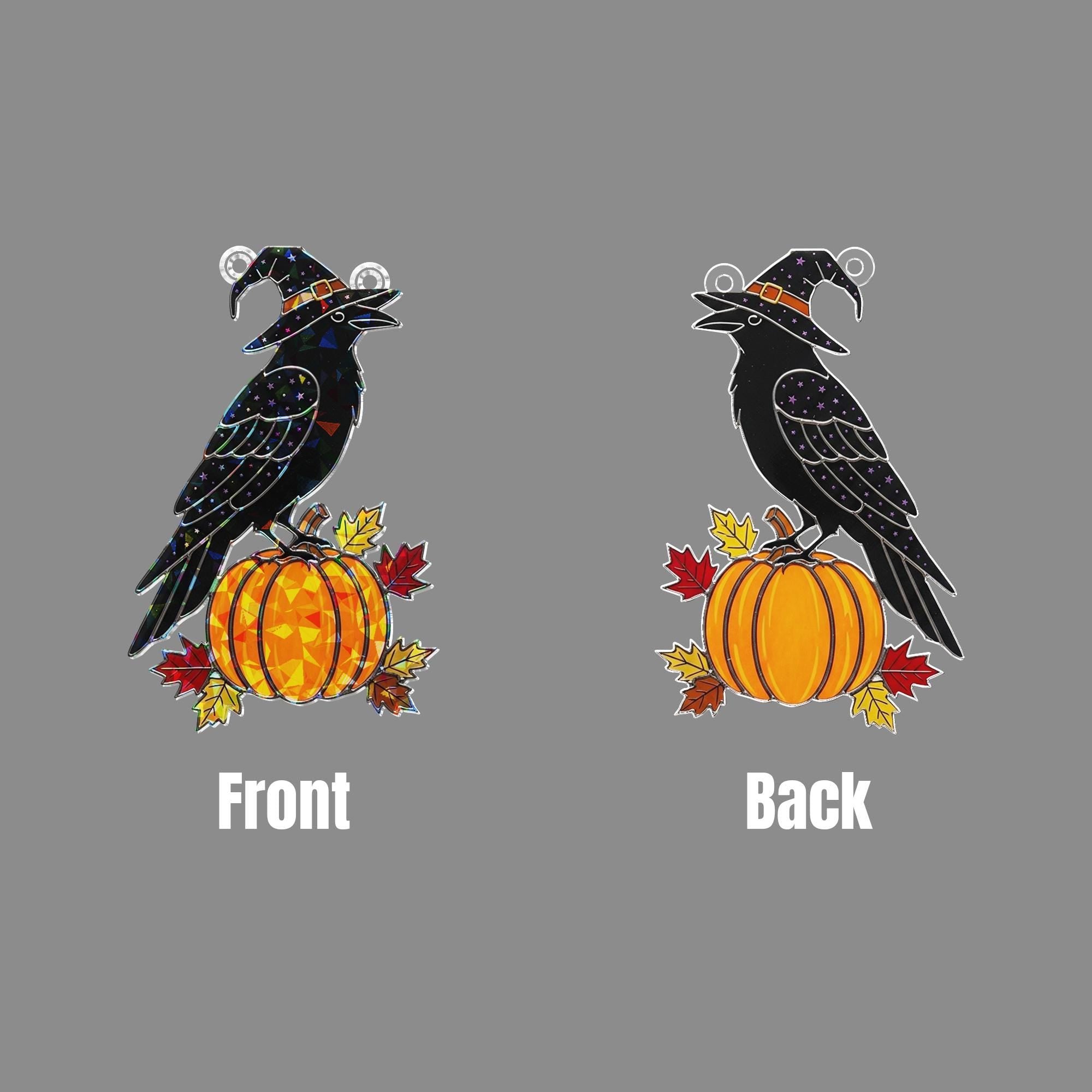 Raven Pumpkin Suncatcher, Fall Acrylic Hologram Decor, Witch Crow Window Hanging, Halloween Autumn Ornament, Gothic Bird Art