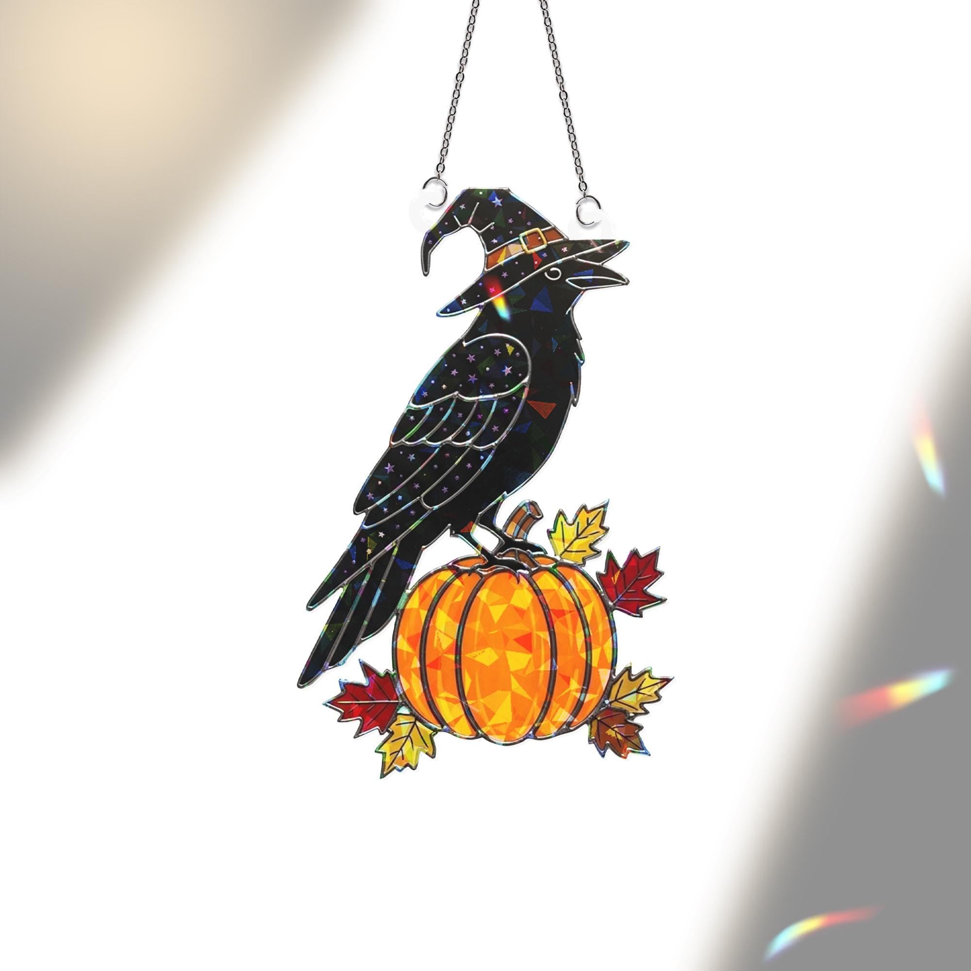 Raven Pumpkin Suncatcher, Fall Acrylic Hologram Decor, Witch Crow Window Hanging, Halloween Autumn Ornament, Gothic Bird Art