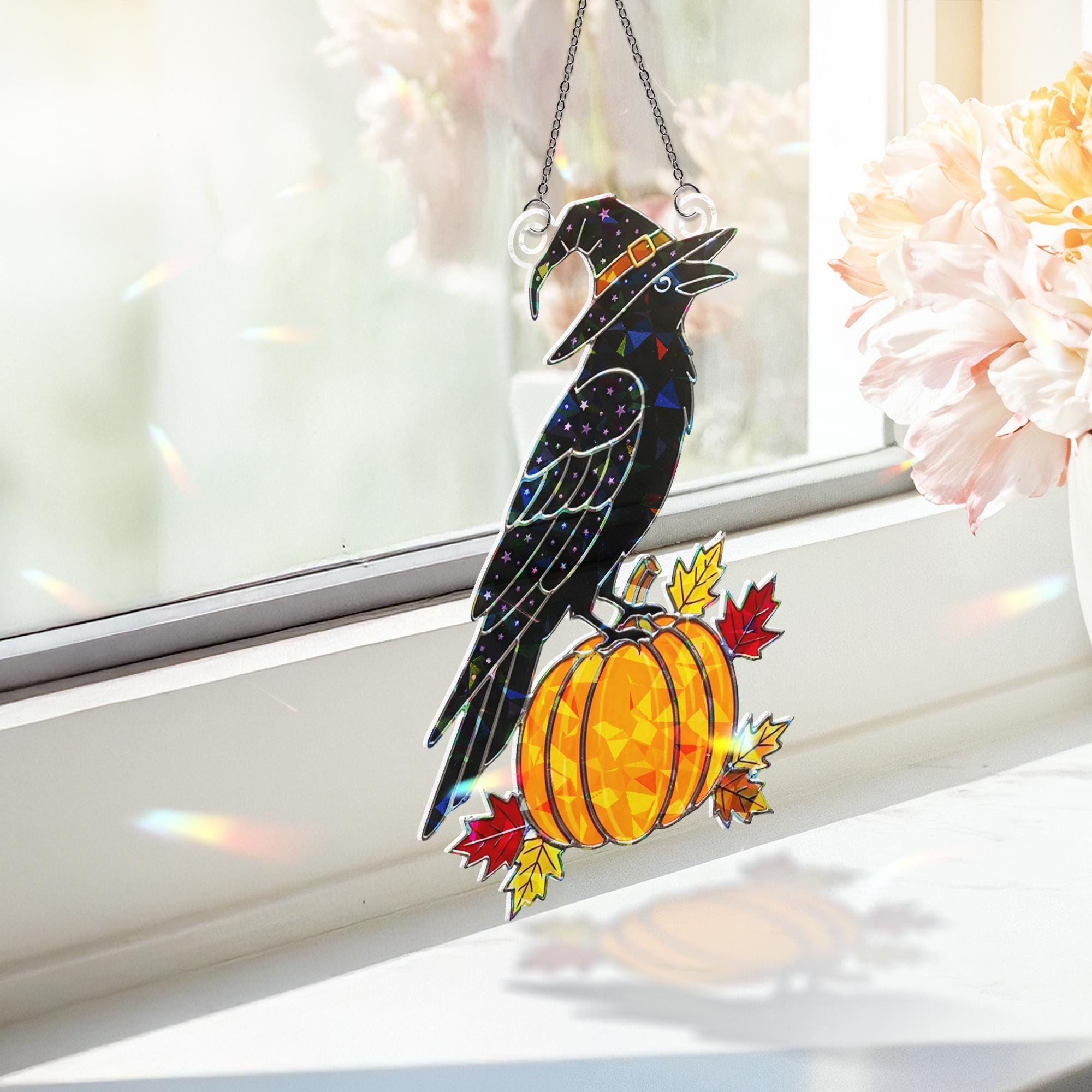 Raven Pumpkin Suncatcher, Fall Acrylic Hologram Decor, Witch Crow Window Hanging, Halloween Autumn Ornament, Gothic Bird Art