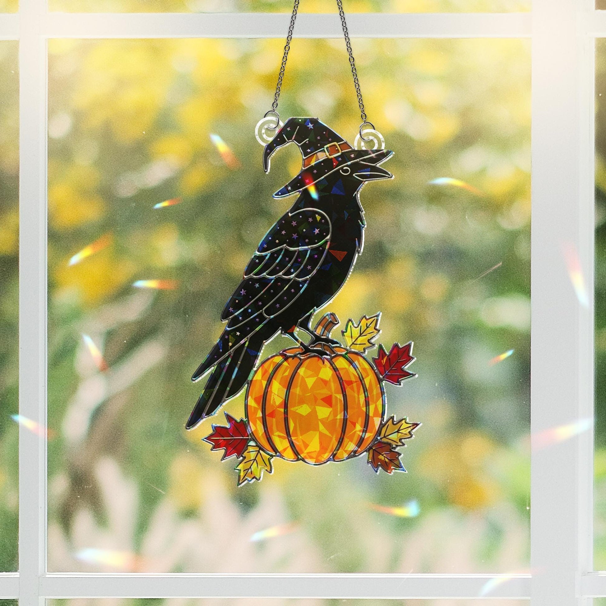 Raven Pumpkin Suncatcher, Fall Acrylic Hologram Decor, Witch Crow Window Hanging, Halloween Autumn Ornament, Gothic Bird Art