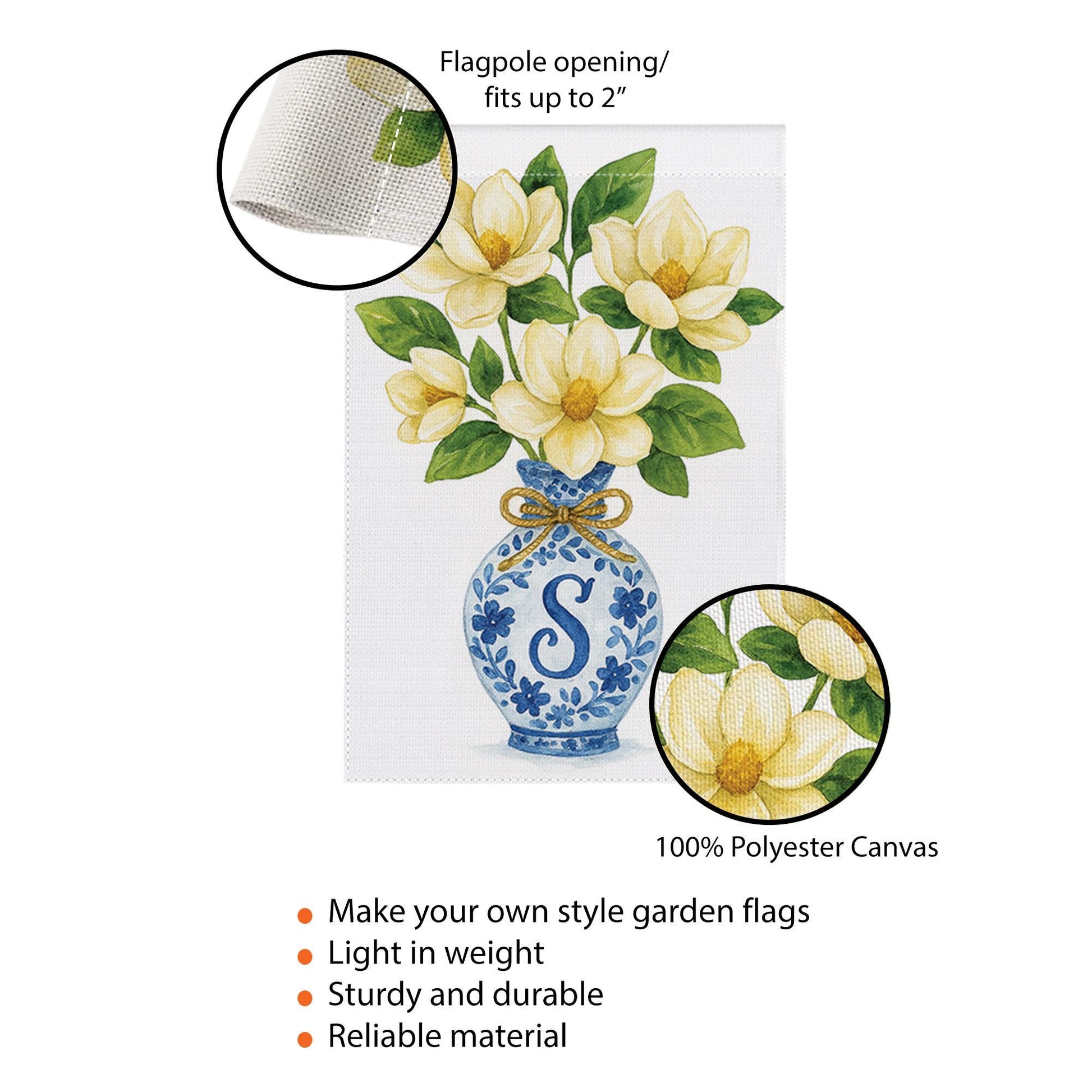 Monogram Magnolia Garden Flag – Blue Chinoiserie Vase Yard Decor, Personalized Outdoor Floral Flag for Spring Summer Porch or Lawn