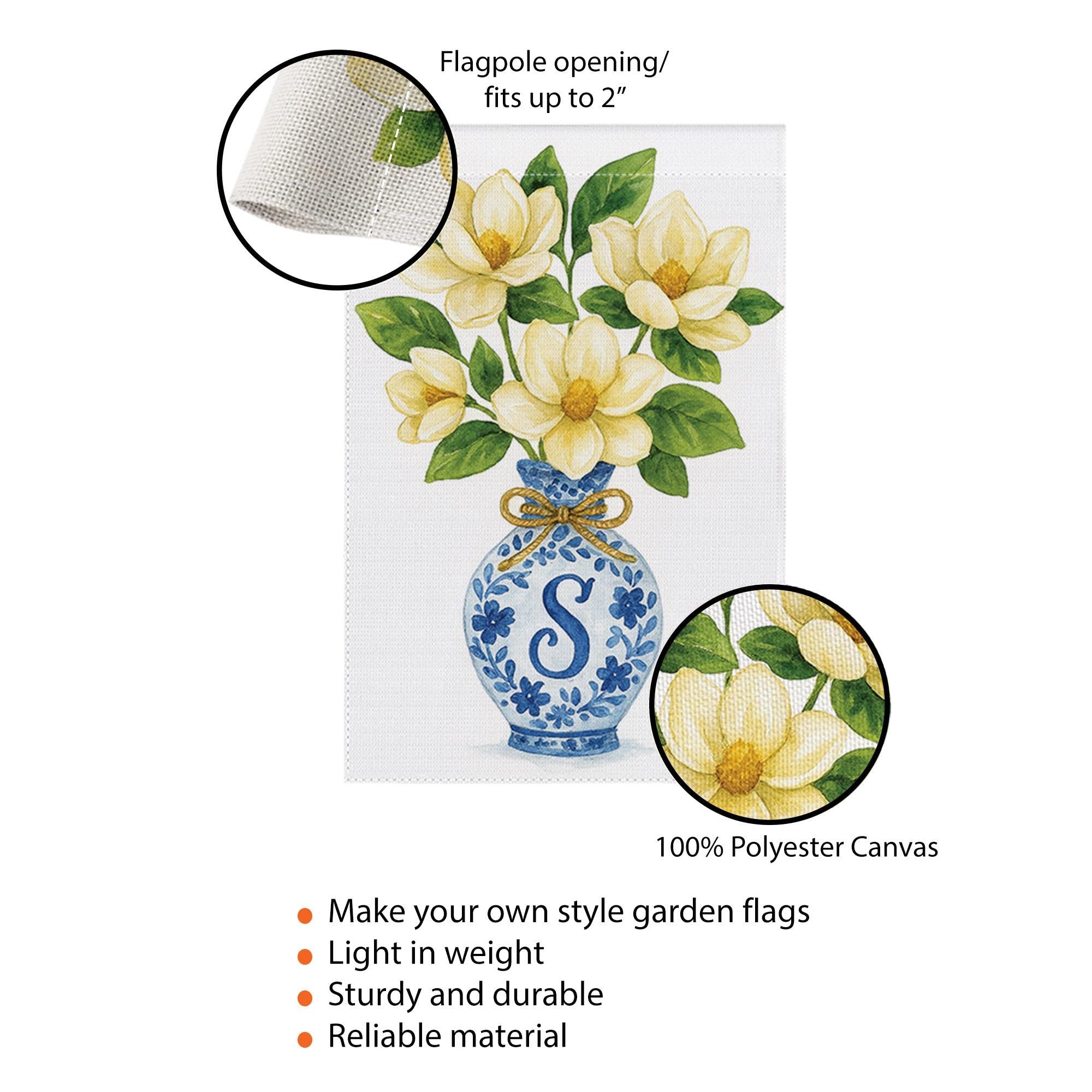 Monogram Magnolia Garden Flag – Blue Chinoiserie Vase Yard Decor, Personalized Outdoor Floral Flag for Spring Summer Porch or Lawn