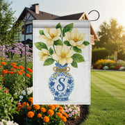 Monogram Magnolia Garden Flag – Blue Chinoiserie Vase Yard Decor, Personalized Outdoor Floral Flag for Spring Summer Porch or Lawn