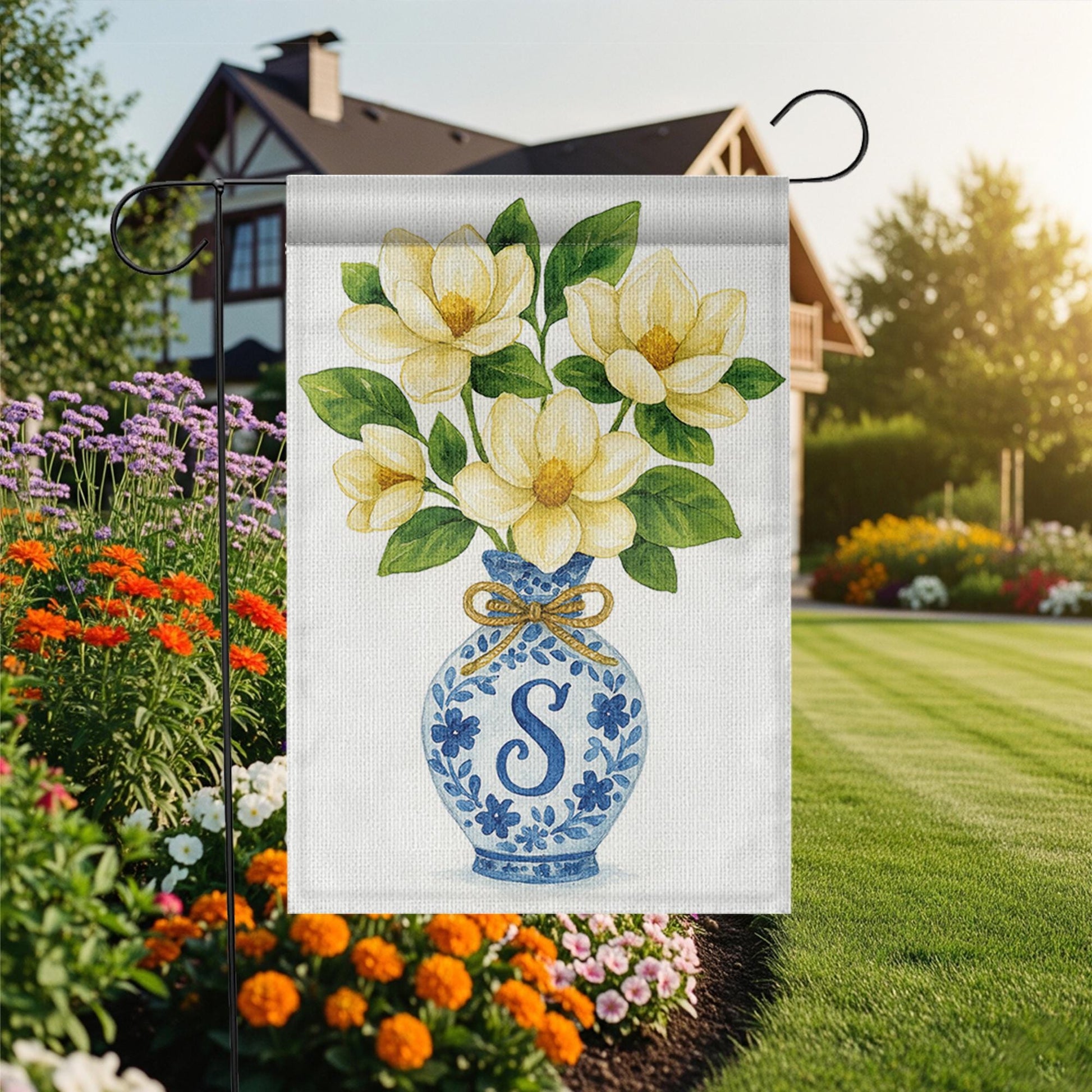 Monogram Magnolia Garden Flag – Blue Chinoiserie Vase Yard Decor, Personalized Outdoor Floral Flag for Spring Summer Porch or Lawn