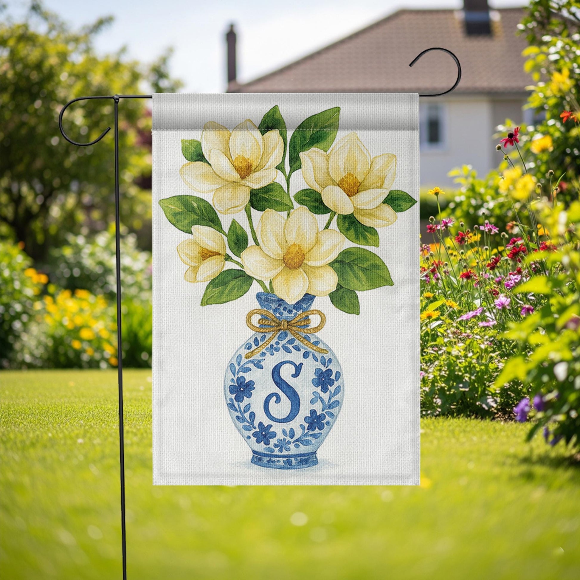 Monogram Magnolia Garden Flag – Blue Chinoiserie Vase Yard Decor, Personalized Outdoor Floral Flag for Spring Summer Porch or Lawn