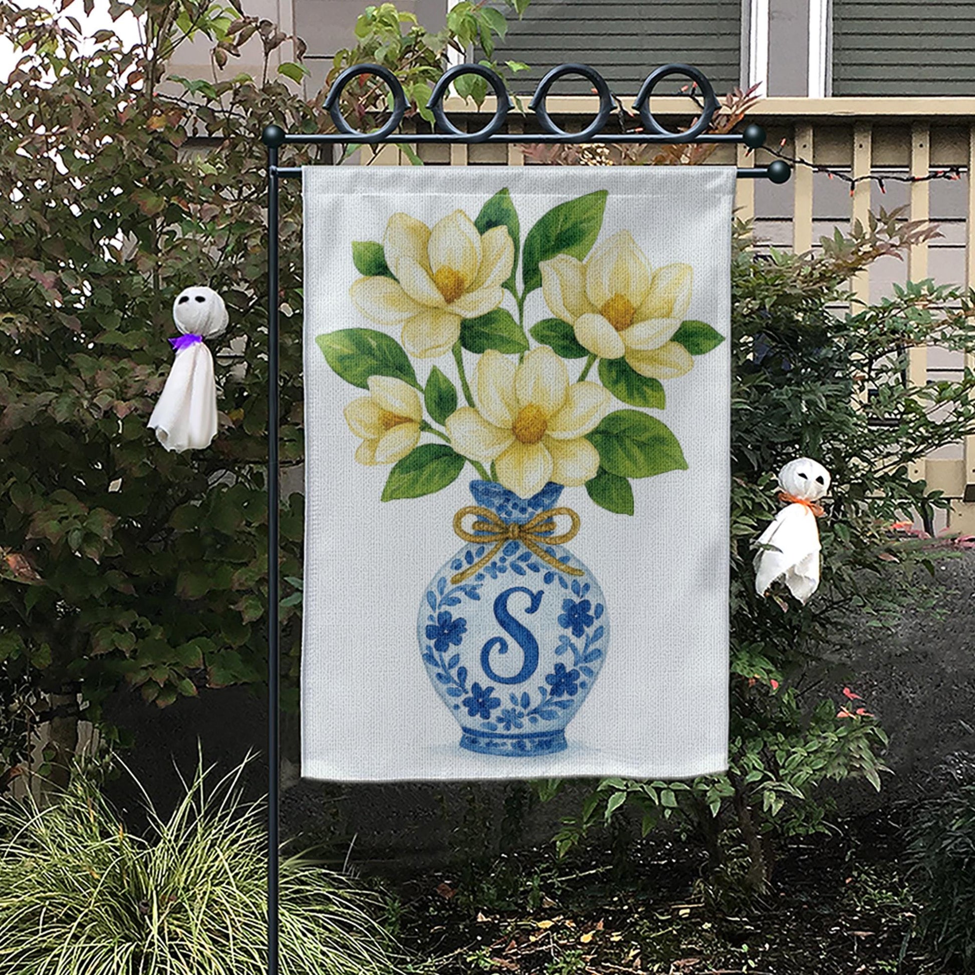 Monogram Magnolia Garden Flag – Blue Chinoiserie Vase Yard Decor, Personalized Outdoor Floral Flag for Spring Summer Porch or Lawn