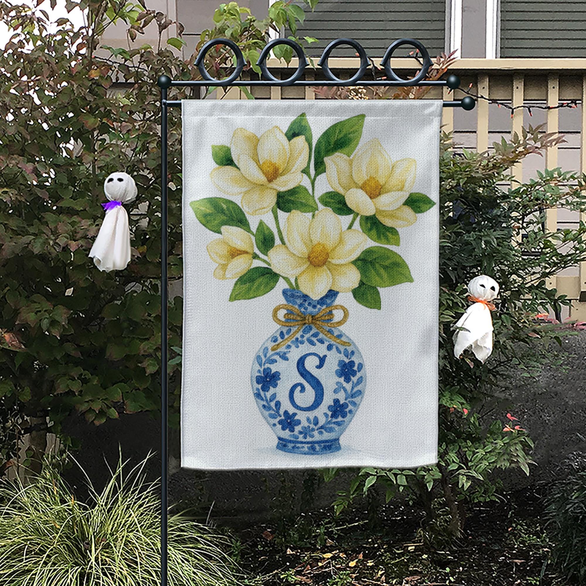 Monogram Magnolia Garden Flag – Blue Chinoiserie Vase Yard Decor, Personalized Outdoor Floral Flag for Spring Summer Porch or Lawn