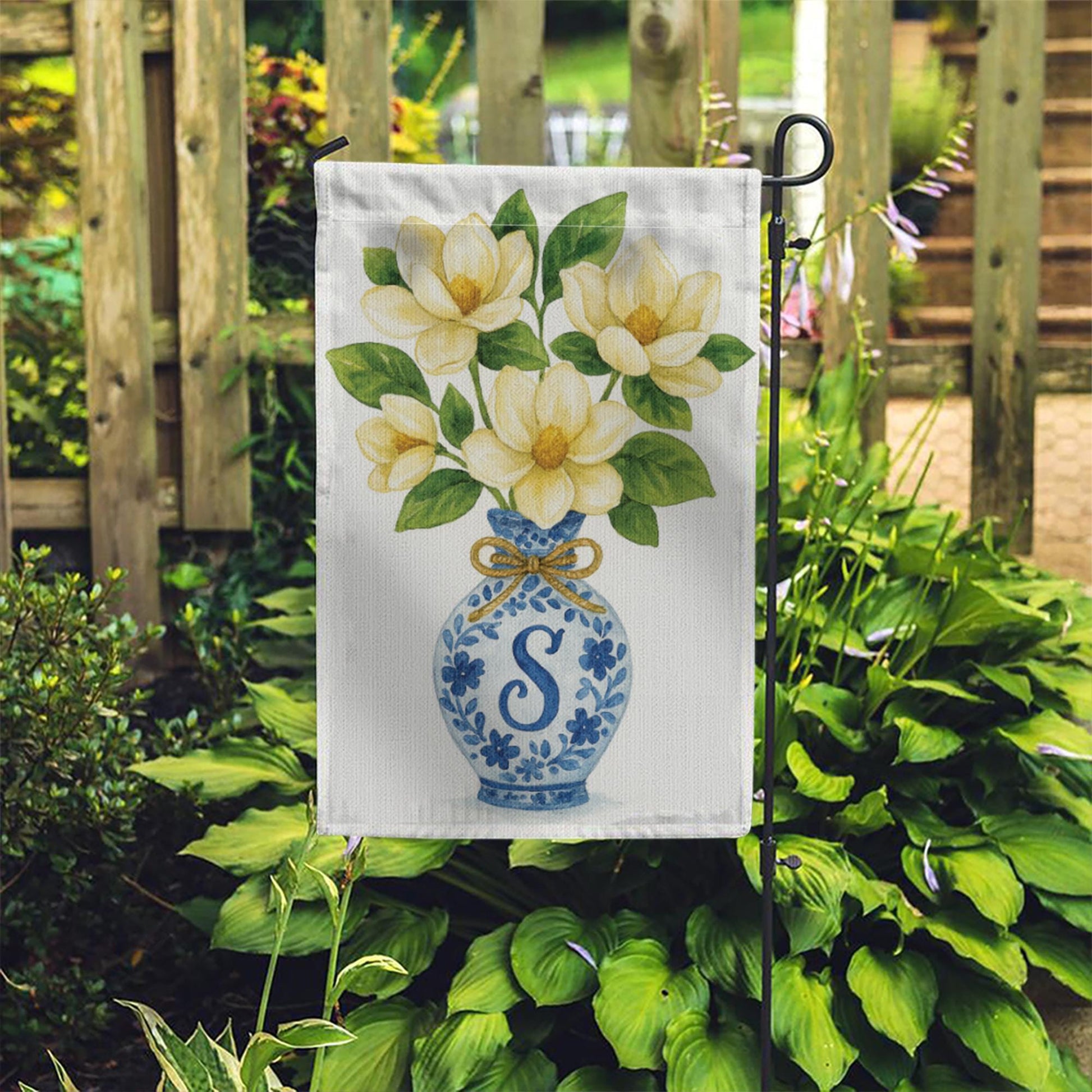 Monogram Magnolia Garden Flag – Blue Chinoiserie Vase Yard Decor, Personalized Outdoor Floral Flag for Spring Summer Porch or Lawn