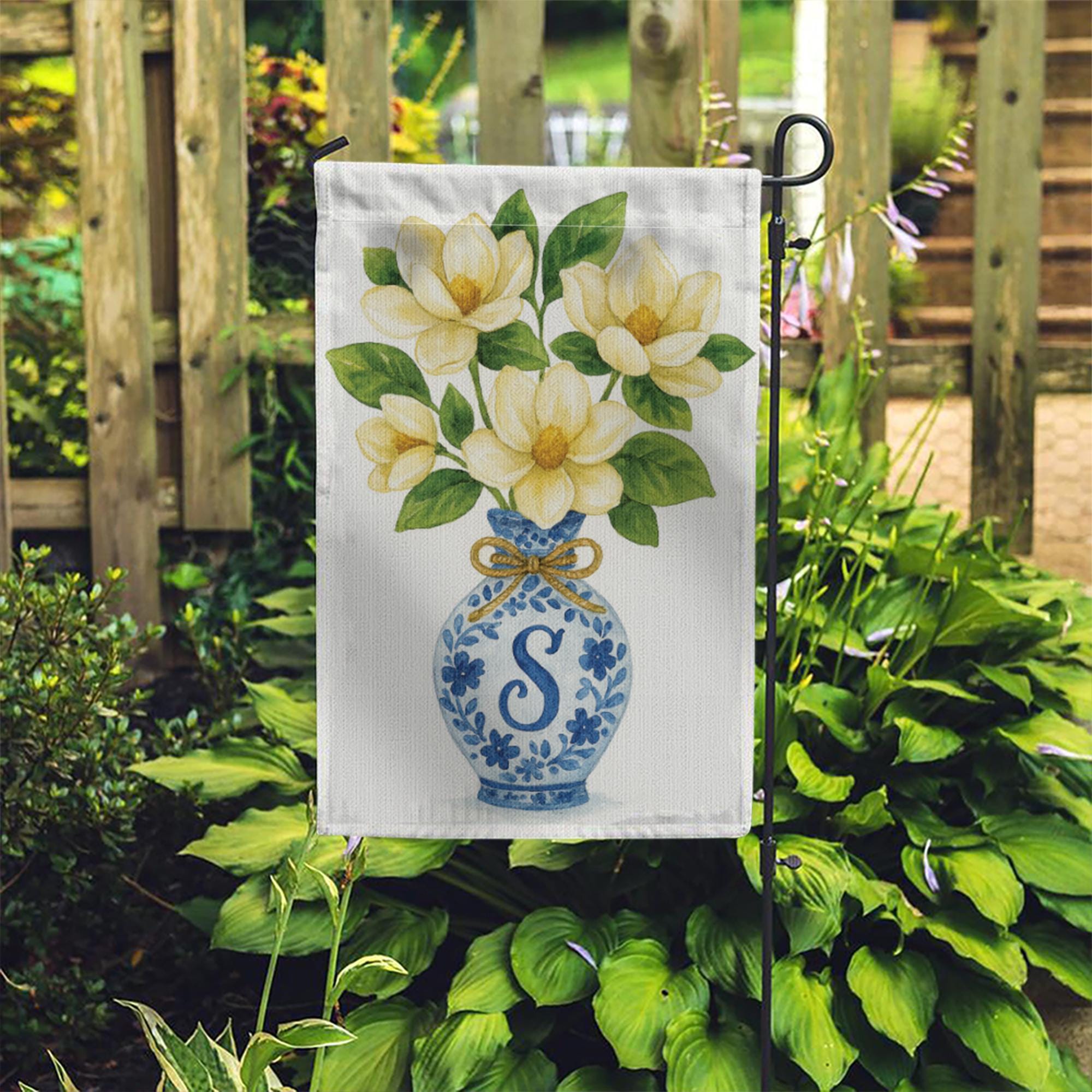 Monogram Magnolia Garden Flag – Blue Chinoiserie Vase Yard Decor, Personalized Outdoor Floral Flag for Spring Summer Porch or Lawn