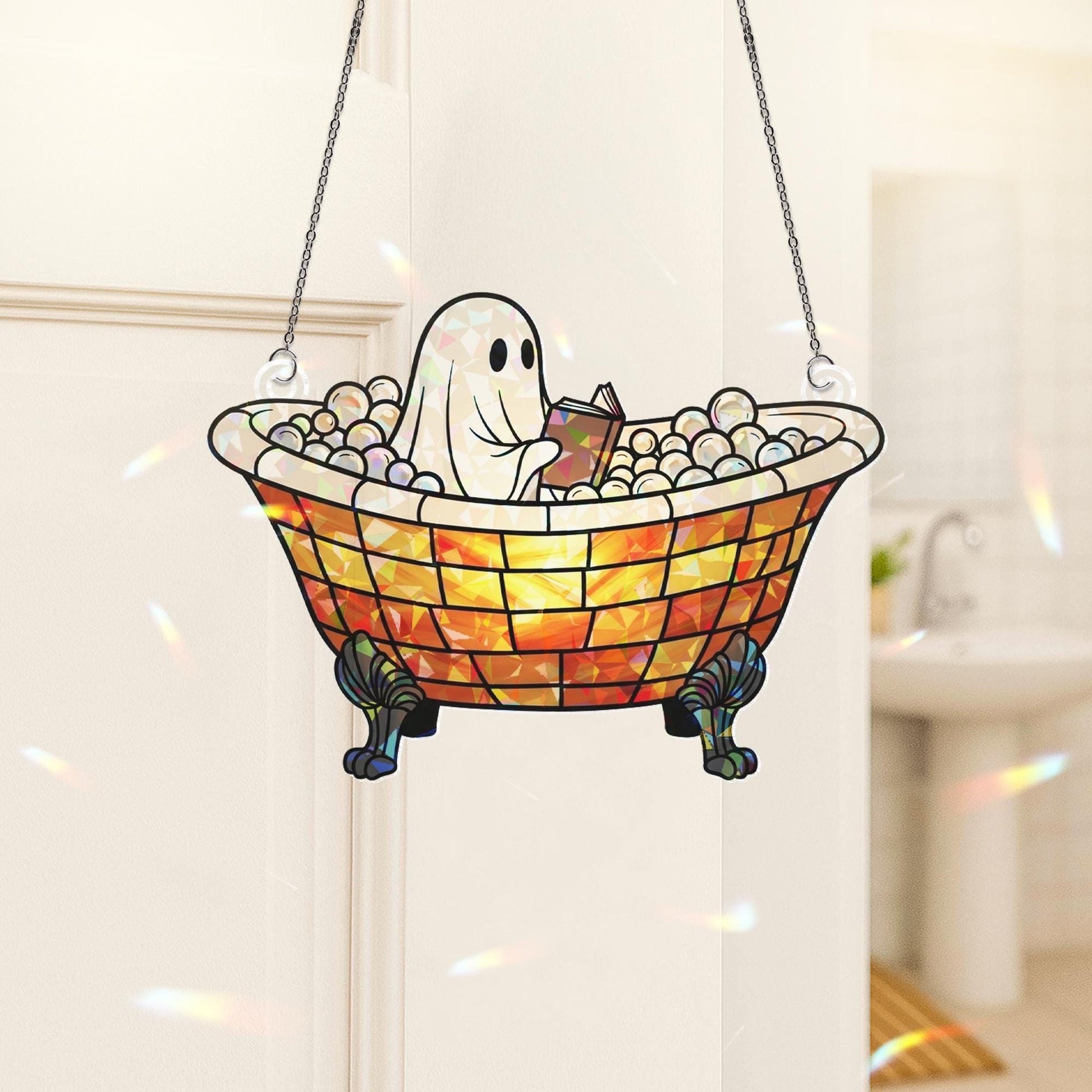 Ghost Reading In Bathtub Suncatcher, Funny Bathroom Window Decor, Acrylic Ghost Reading Sign, Holographic Halloween Bath Art