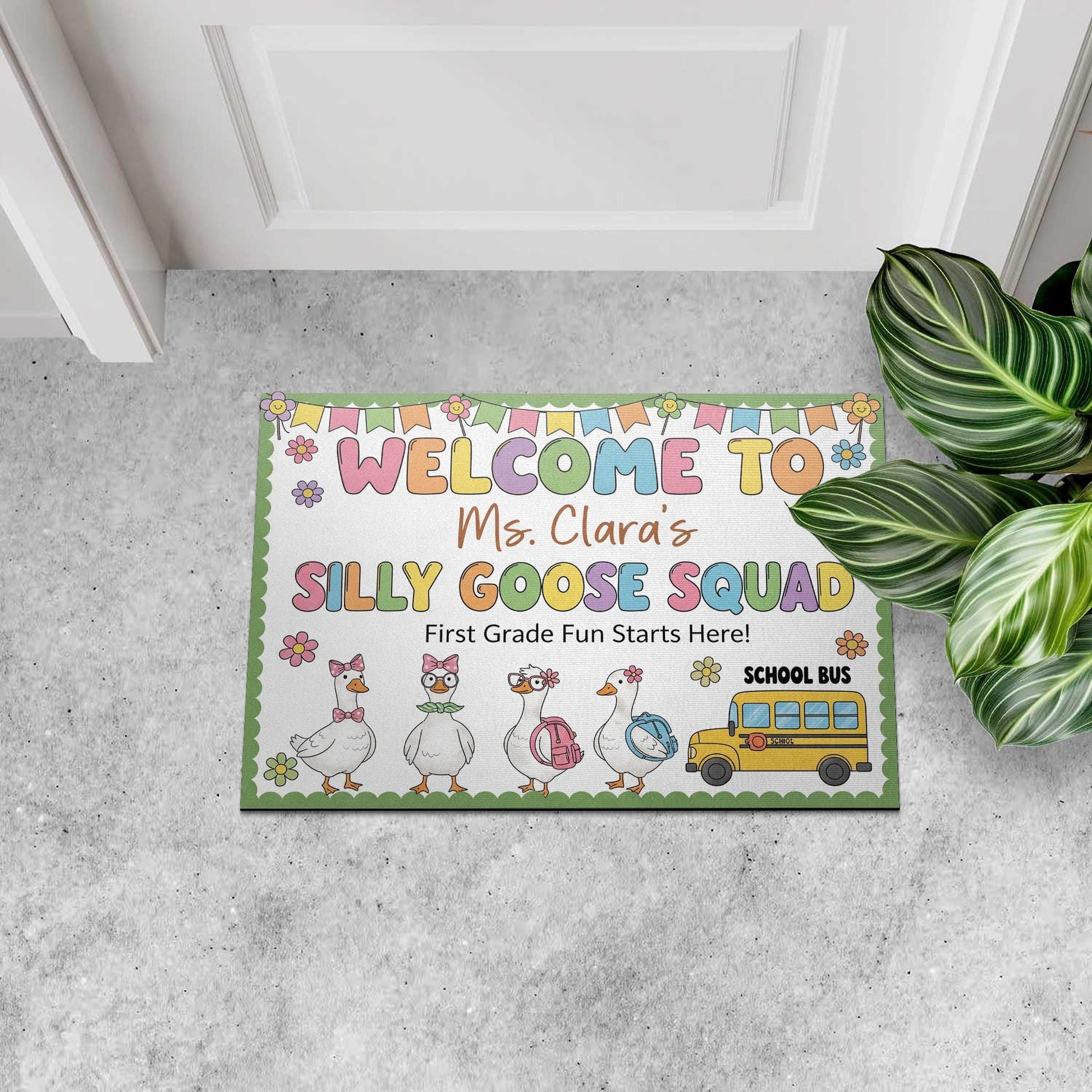 Personalized Teacher Doormat - Welcome to Silly Goose Squad Rug, First Grade Classroom Decor, Funny School Mat, Custom Teacher Gift