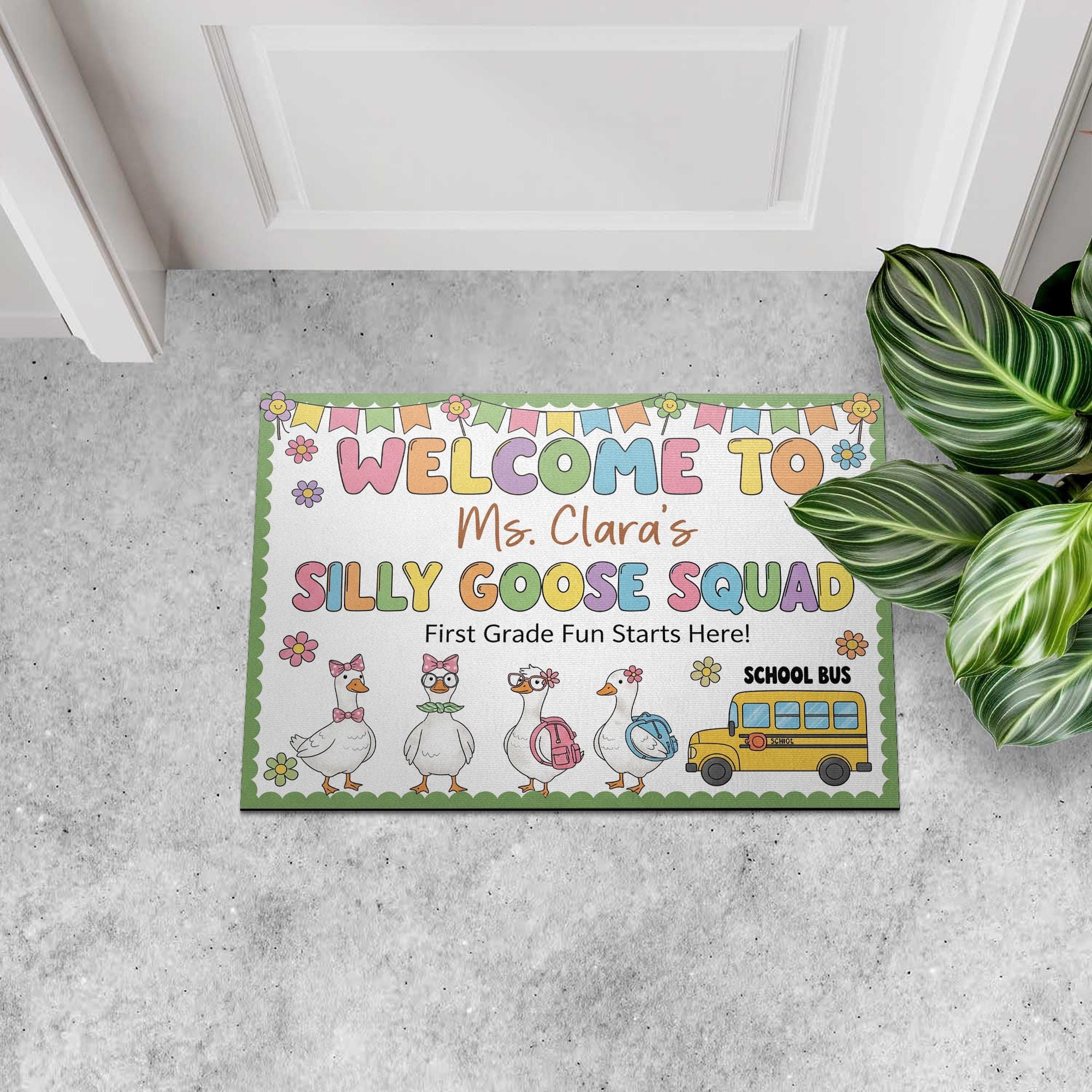 Personalized Teacher Doormat - Welcome to Silly Goose Squad Rug, First Grade Classroom Decor, Funny School Mat, Custom Teacher Gift