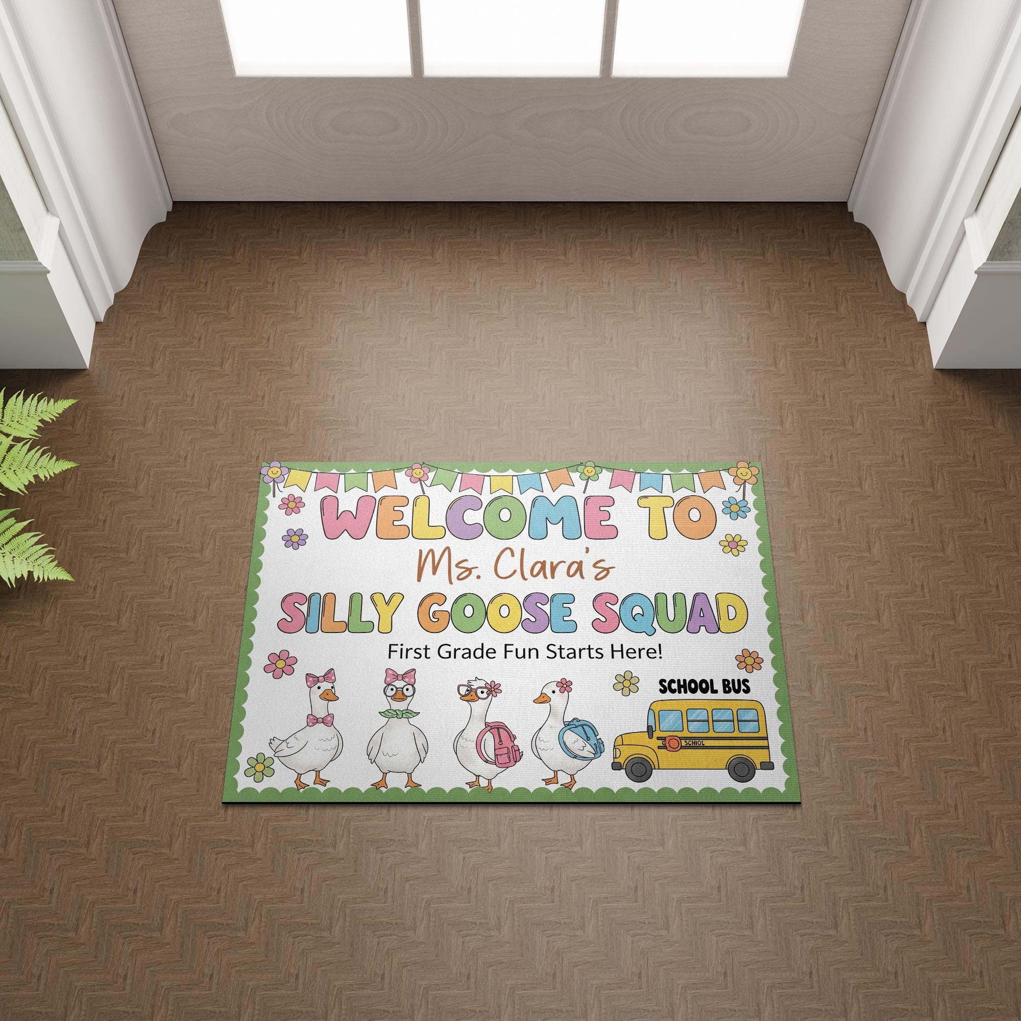 Personalized Teacher Doormat - Welcome to Silly Goose Squad Rug, First Grade Classroom Decor, Funny School Mat, Custom Teacher Gift
