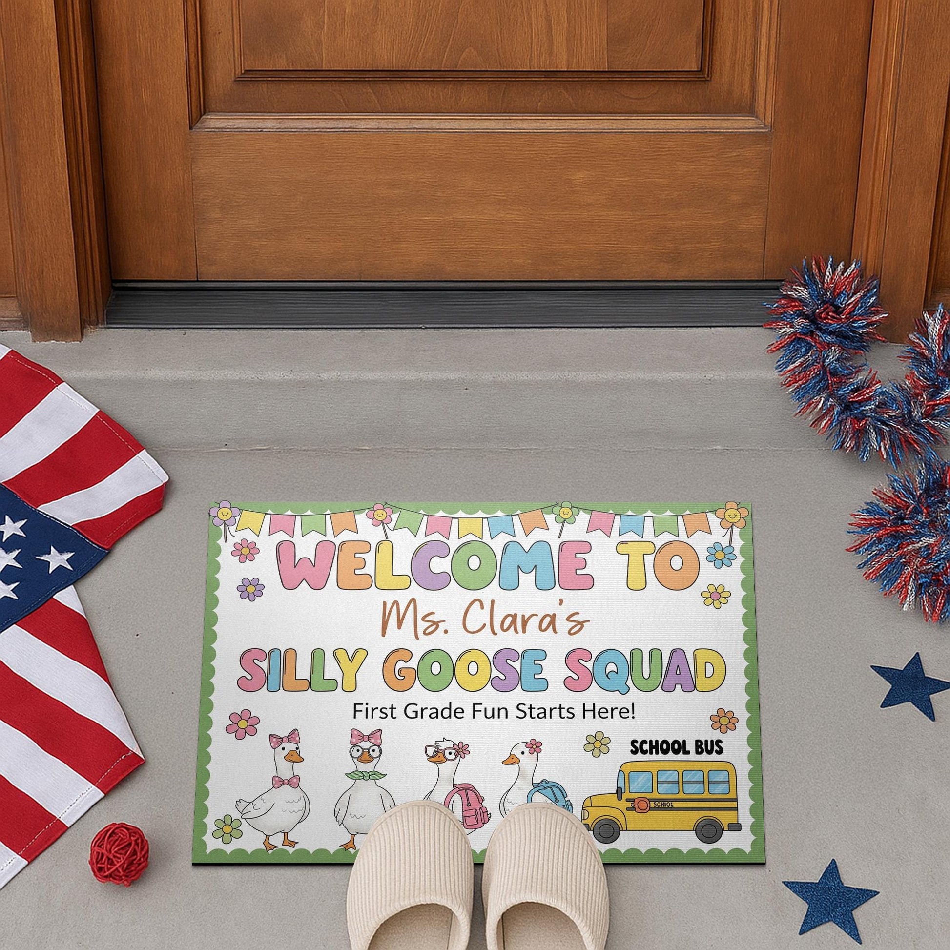 Personalized Teacher Doormat - Welcome to Silly Goose Squad Rug, First Grade Classroom Decor, Funny School Mat, Custom Teacher Gift