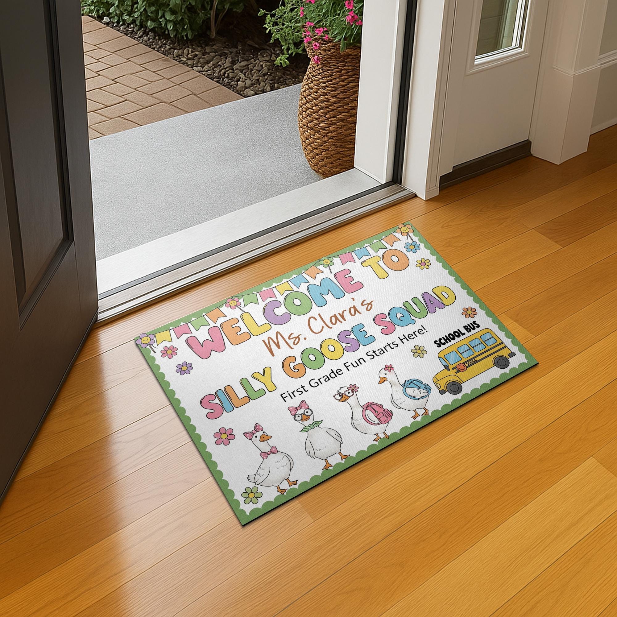 Personalized Teacher Doormat - Welcome to Silly Goose Squad Rug, First Grade Classroom Decor, Funny School Mat, Custom Teacher Gift