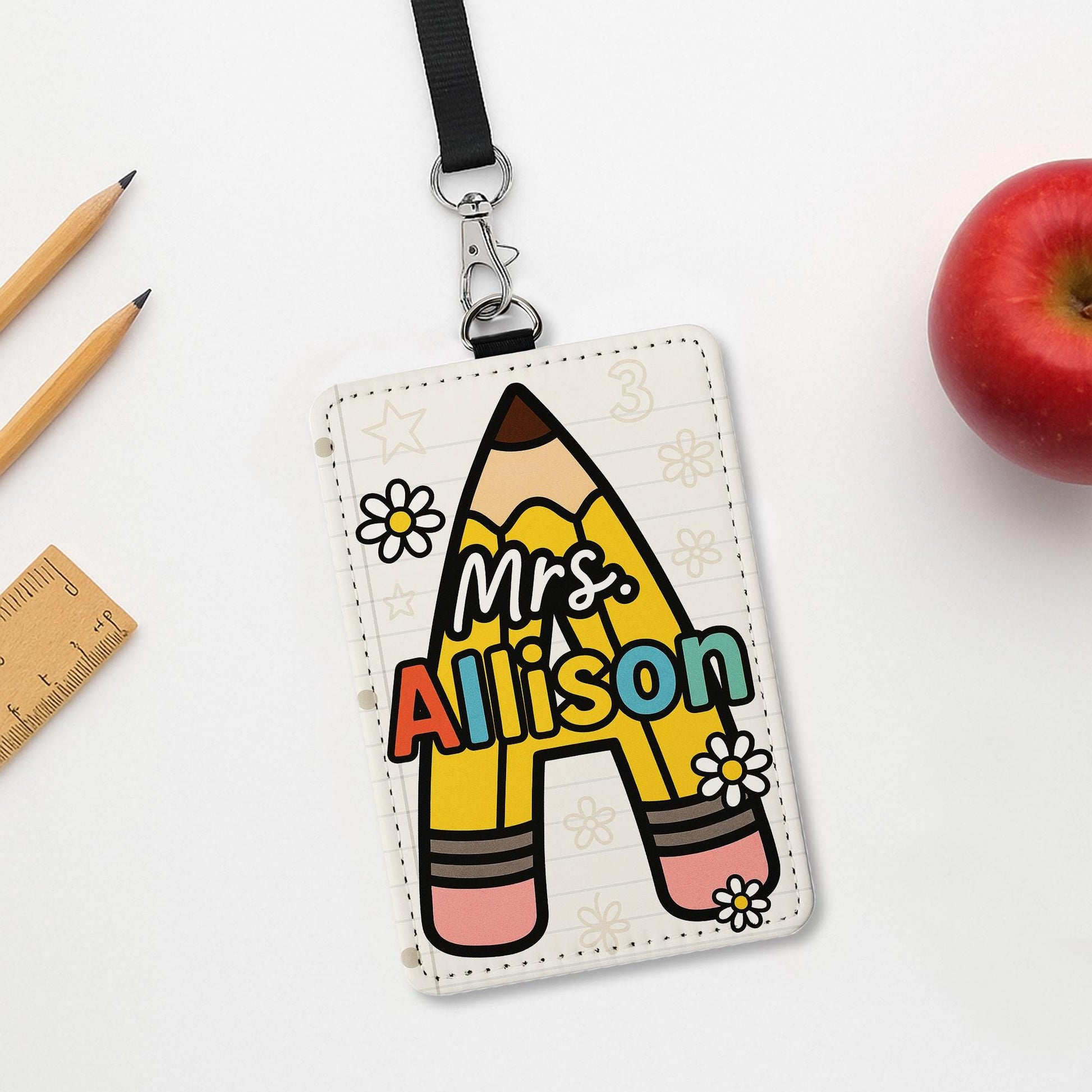 Personalized Teacher Badge Holder, Pencil Letter ID Tag, Custom Leather Lanyard, Cute Back to School Gift, Classroom Accessory