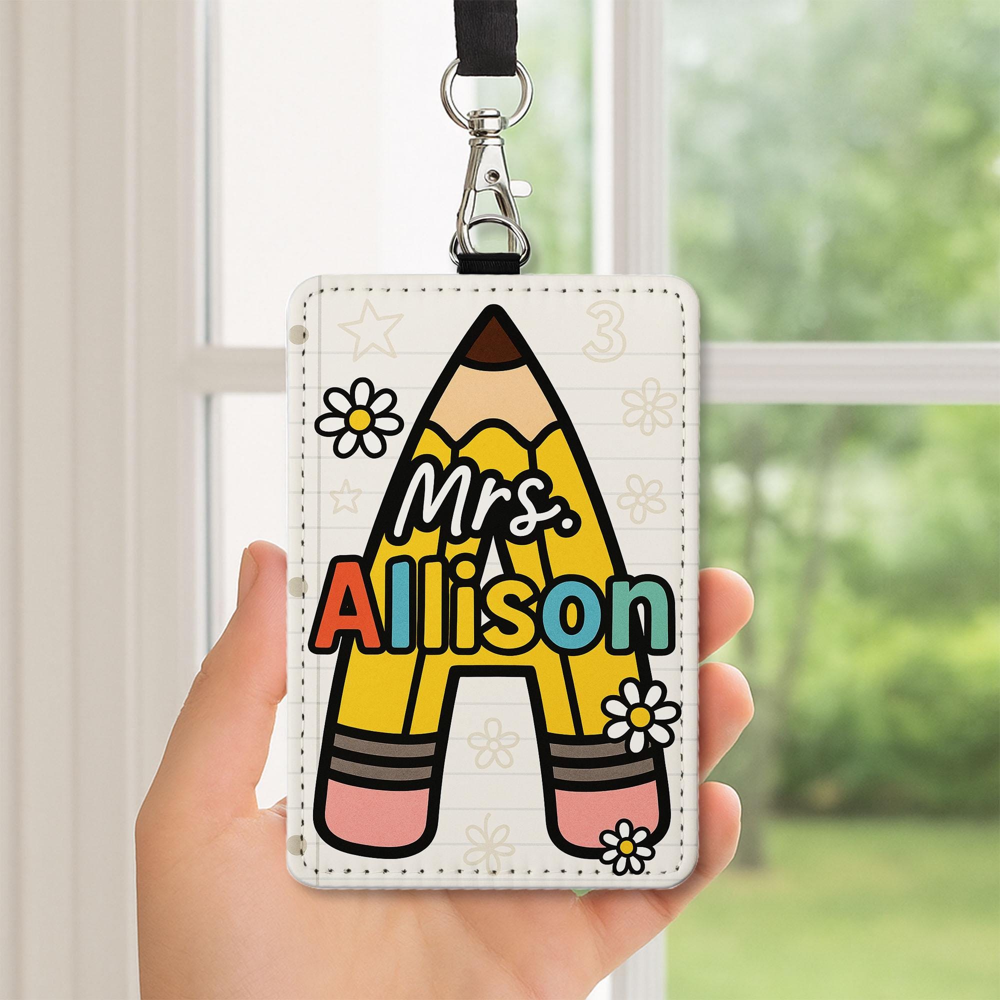 Personalized Teacher Badge Holder, Pencil Letter ID Tag, Custom Leather Lanyard, Cute Back to School Gift, Classroom Accessory