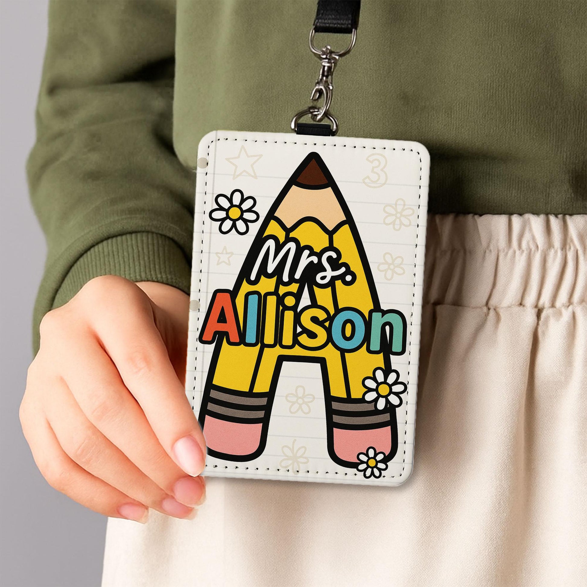 Personalized Teacher Badge Holder, Pencil Letter ID Tag, Custom Leather Lanyard, Cute Back to School Gift, Classroom Accessory
