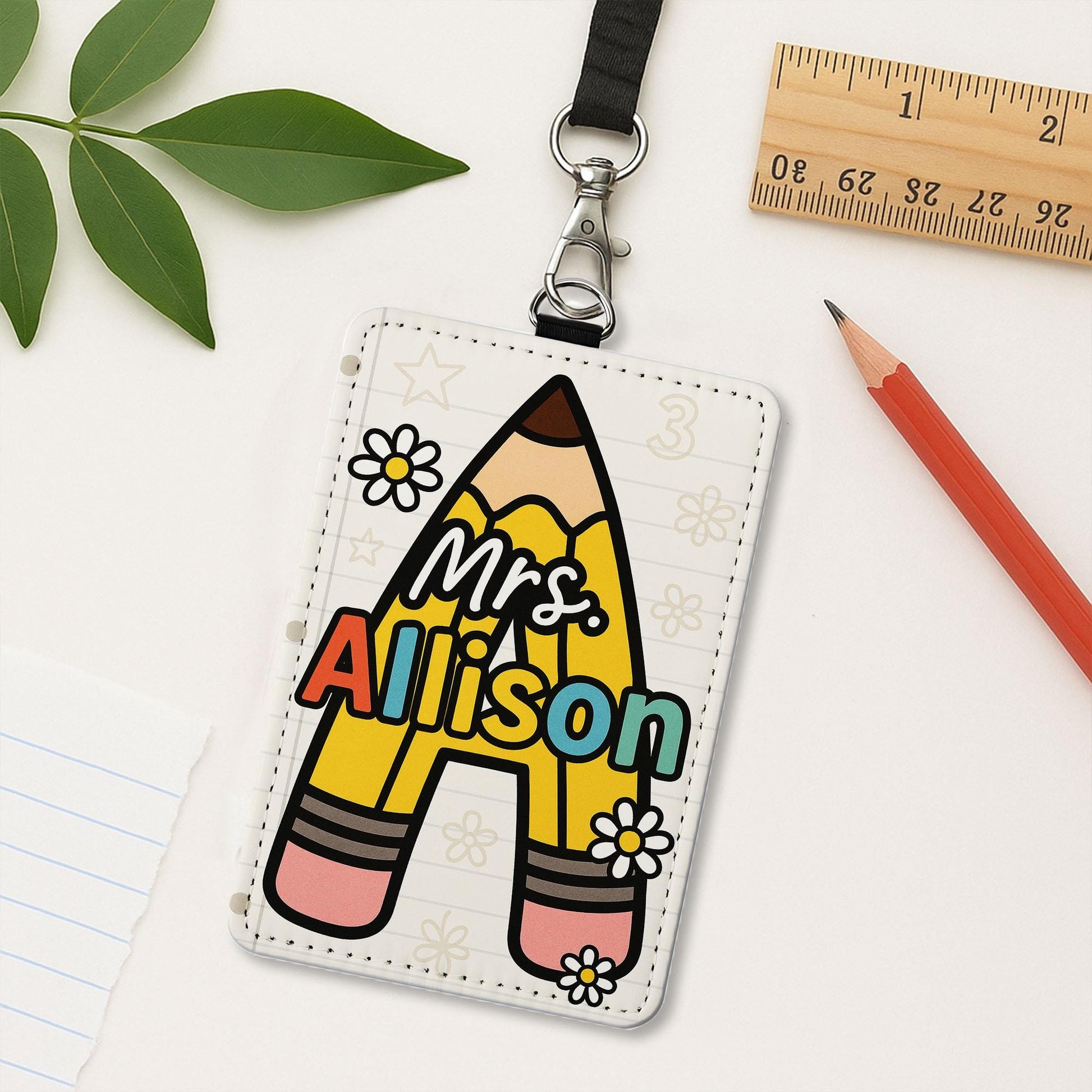 Personalized Teacher Badge Holder, Pencil Letter ID Tag, Custom Leather Lanyard, Cute Back to School Gift, Classroom Accessory