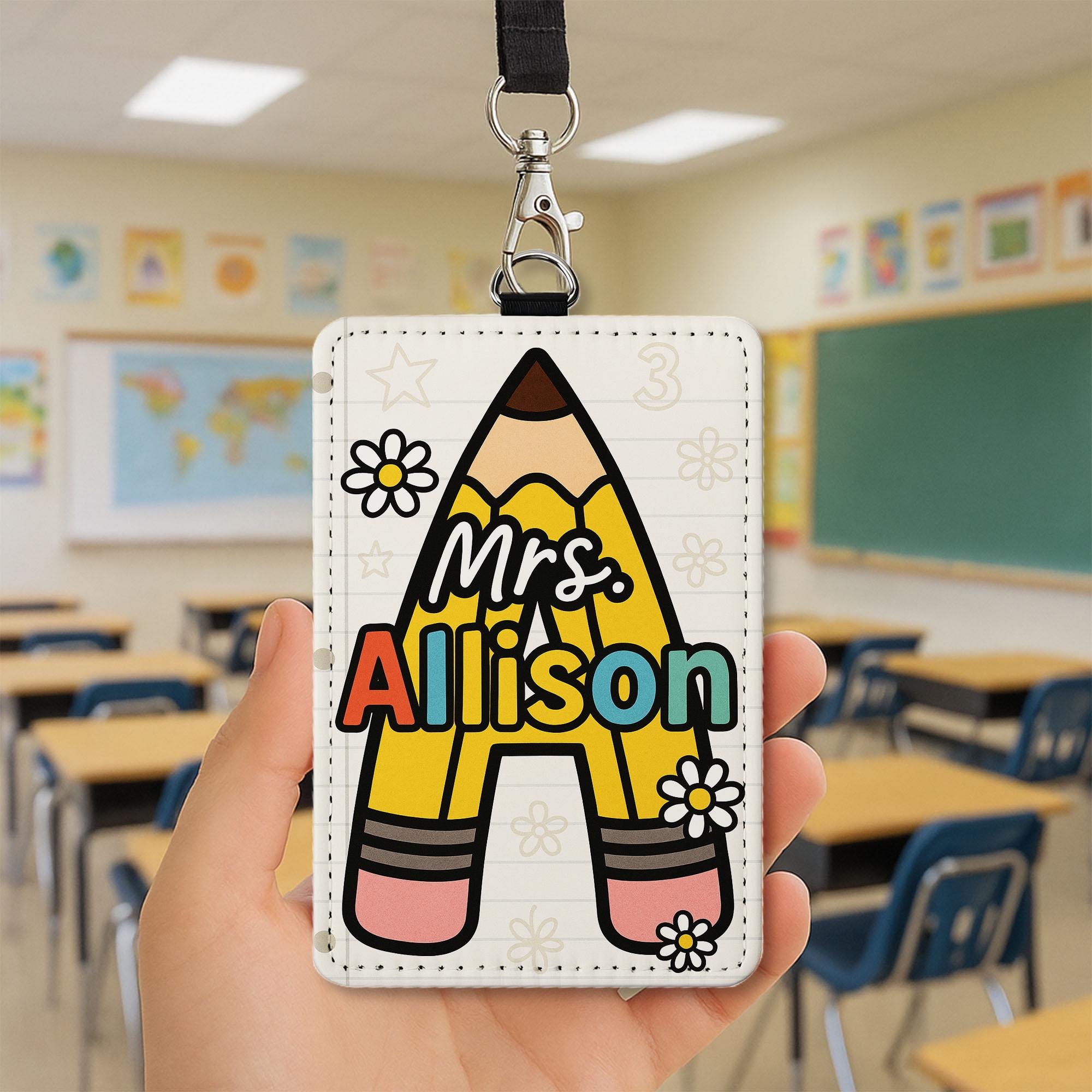 Personalized Teacher Badge Holder, Pencil Letter ID Tag, Custom Leather Lanyard, Cute Back to School Gift, Classroom Accessory