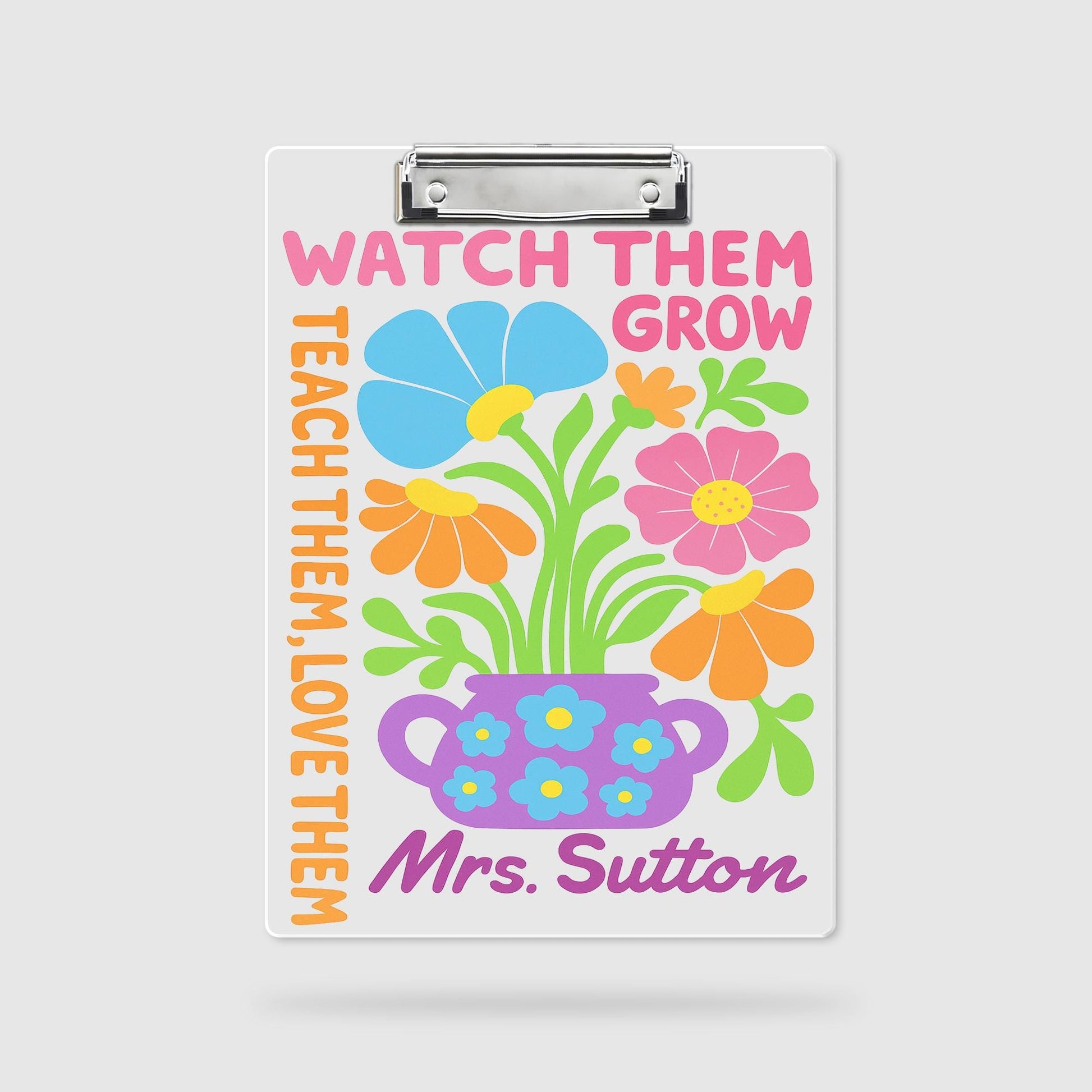Personalized Teacher Clipboard - Watch Them Grow Floral Design, Custom Name Gift for Classroom, Teacher Back To School Supplies Accessories