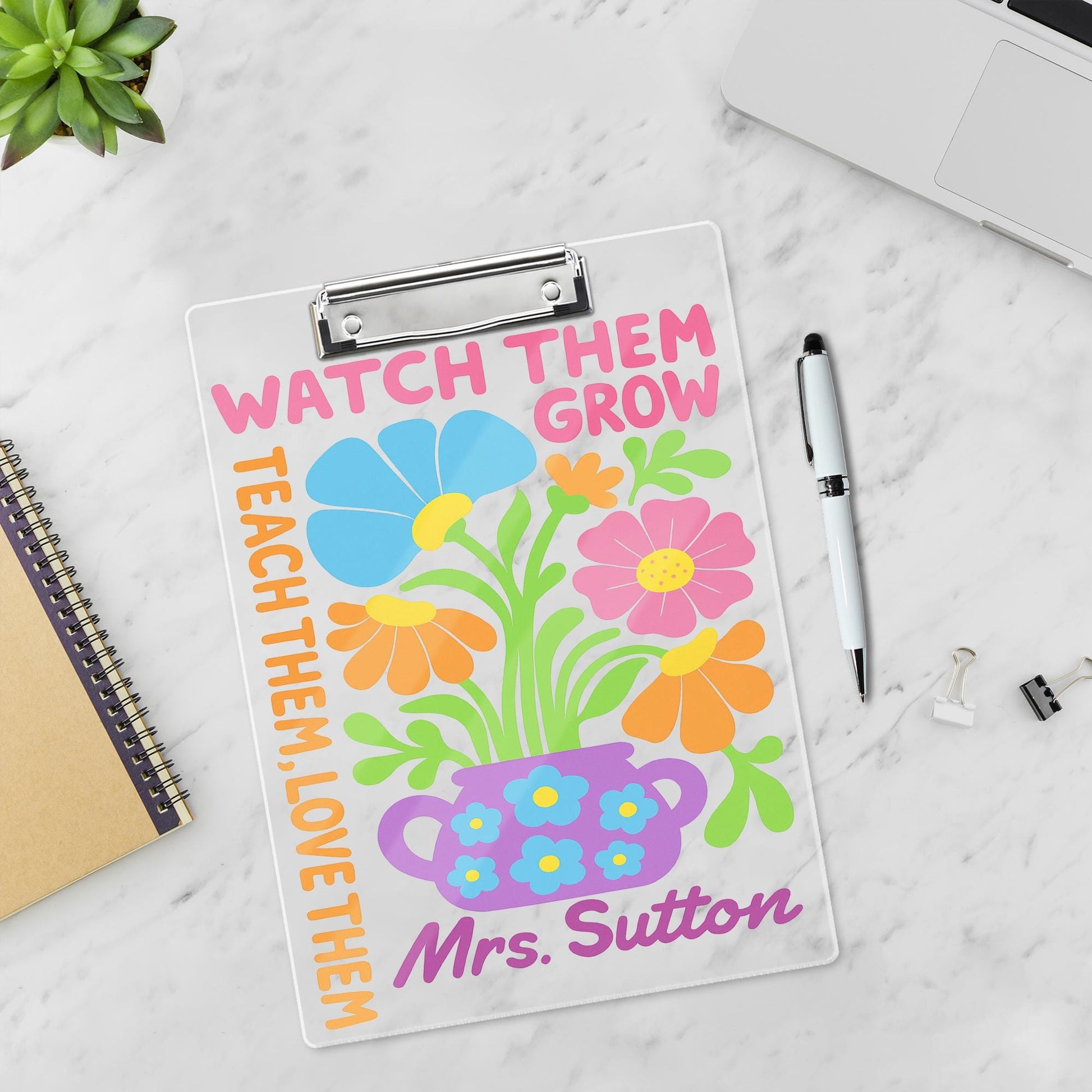 Personalized Teacher Clipboard - Watch Them Grow Floral Design, Custom Name Gift for Classroom, Teacher Back To School Supplies Accessories