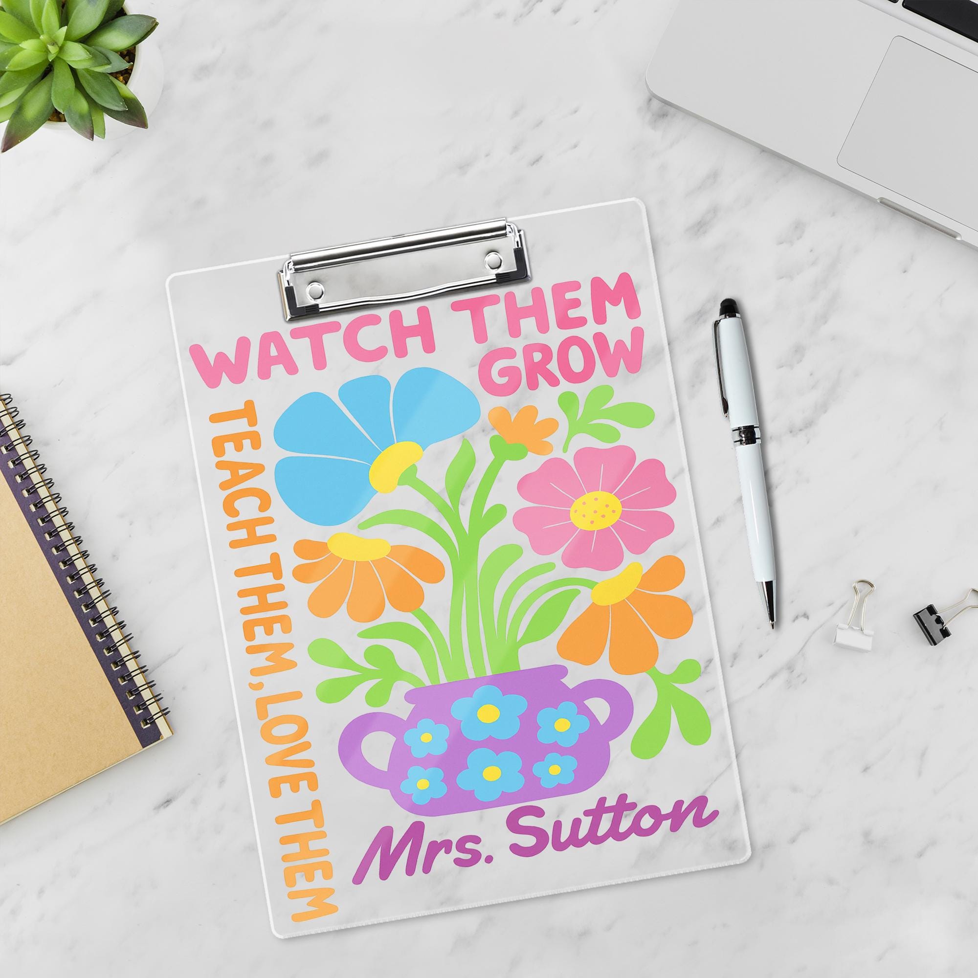 Personalized Teacher Clipboard - Watch Them Grow Floral Design, Custom Name Gift for Classroom, Teacher Back To School Supplies Accessories