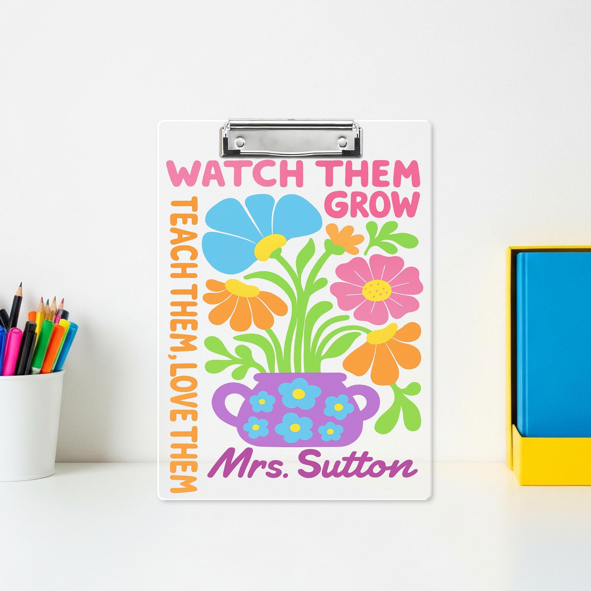 Personalized Teacher Clipboard - Watch Them Grow Floral Design, Custom Name Gift for Classroom, Teacher Back To School Supplies Accessories