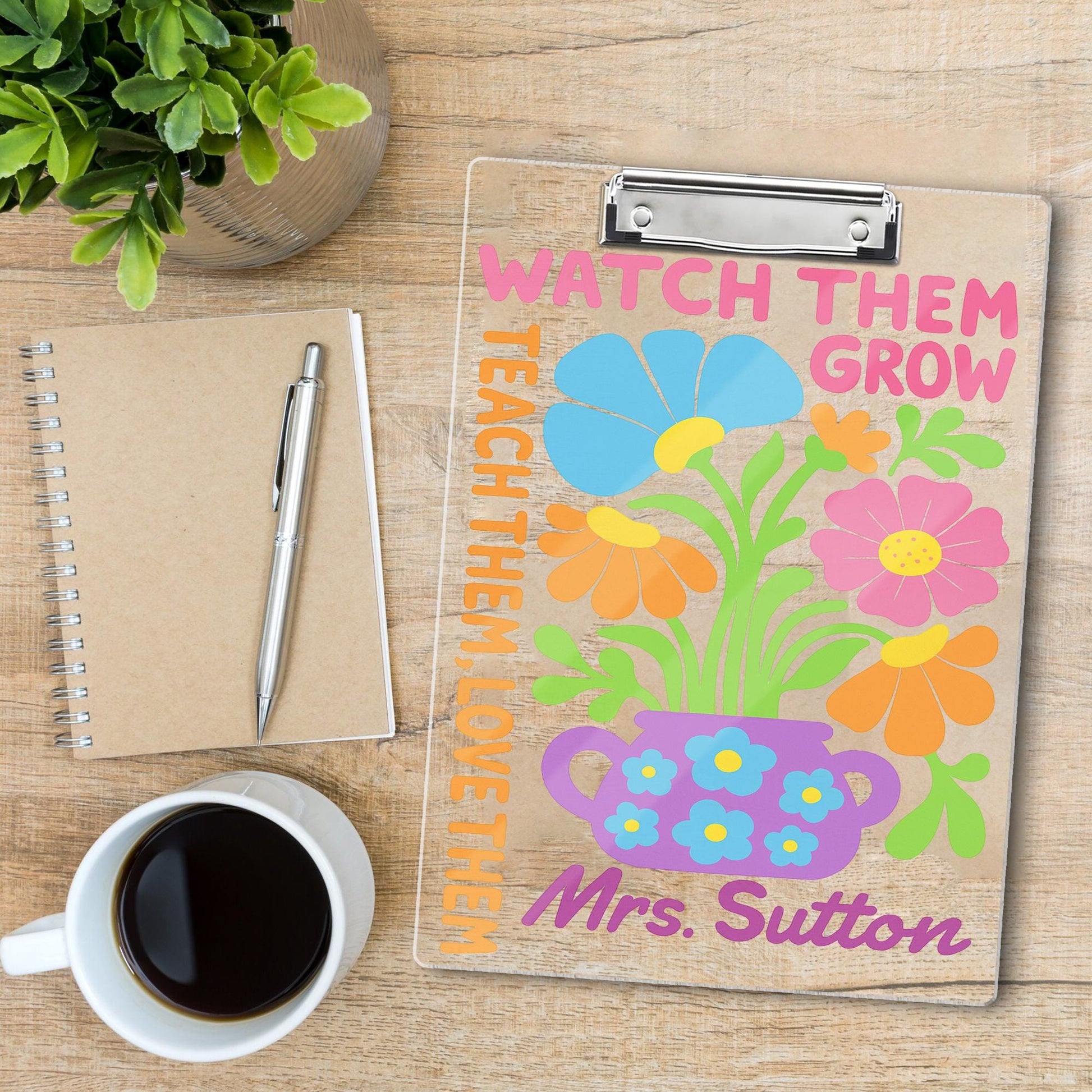 Personalized Teacher Clipboard - Watch Them Grow Floral Design, Custom Name Gift for Classroom, Teacher Back To School Supplies Accessories