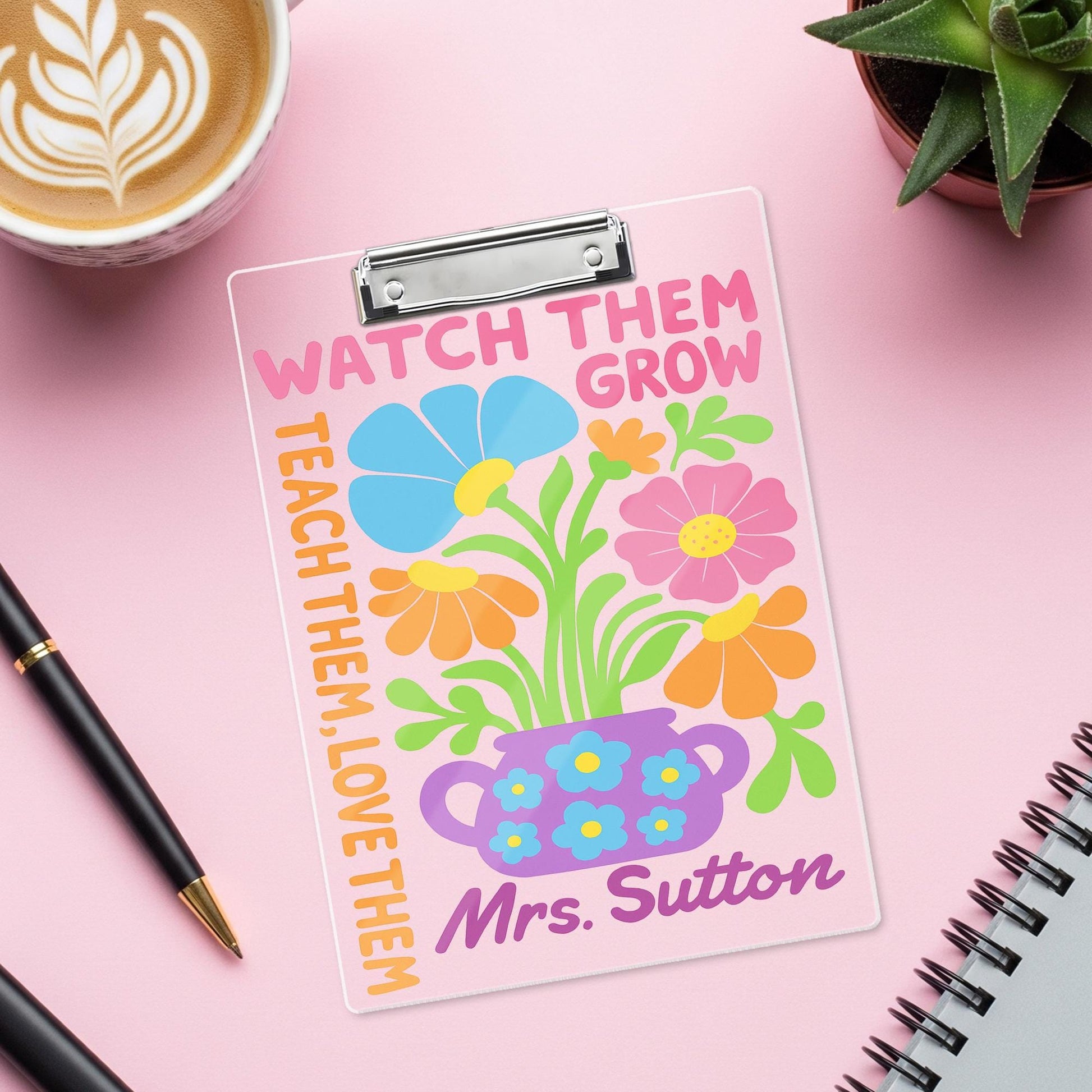 Personalized Teacher Clipboard - Watch Them Grow Floral Design, Custom Name Gift for Classroom, Teacher Back To School Supplies Accessories