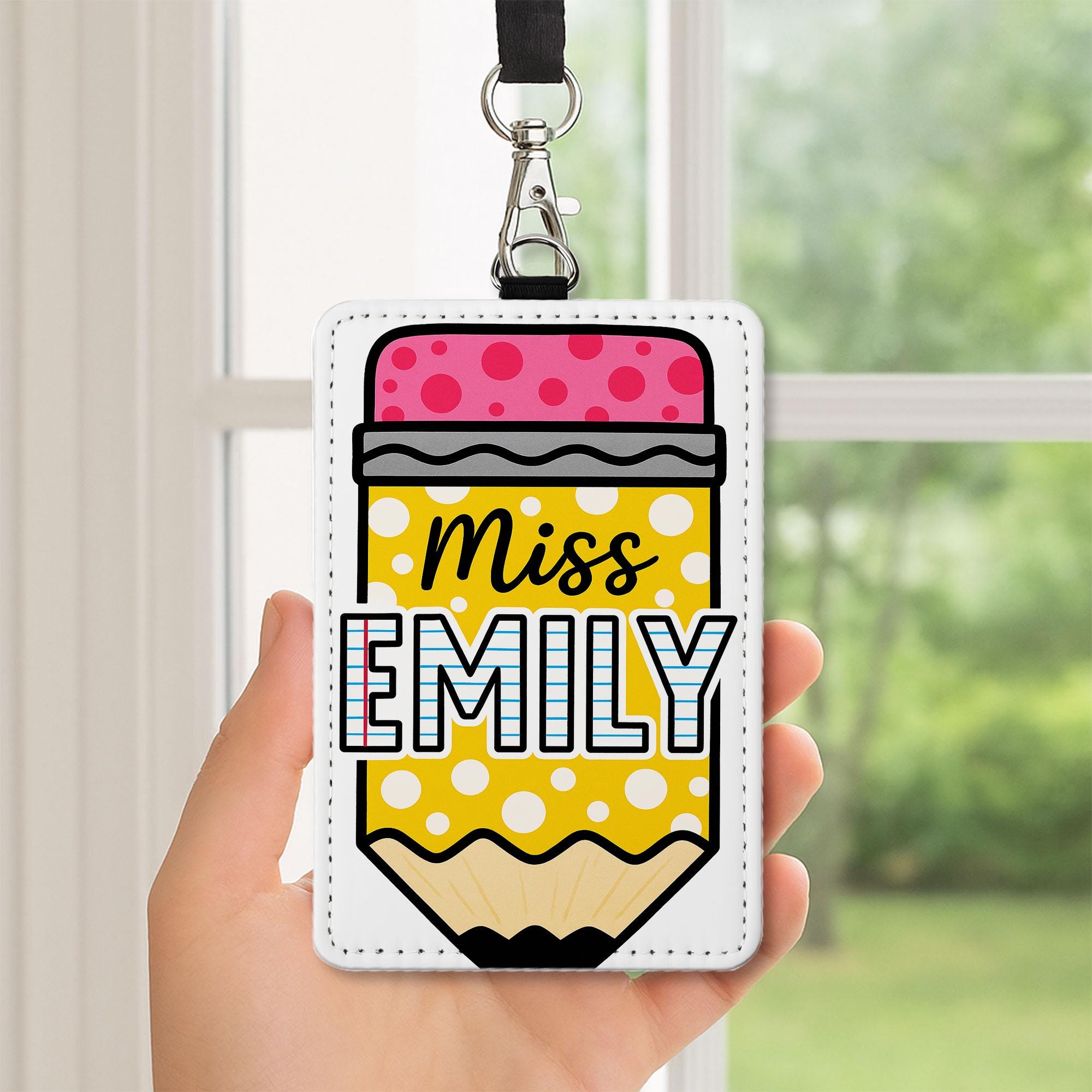 Pencil Teacher Badge Holder, Personalized Leather ID Tag, Custom Name Lanyard, Back to School Gift, Cute Classroom Accessory